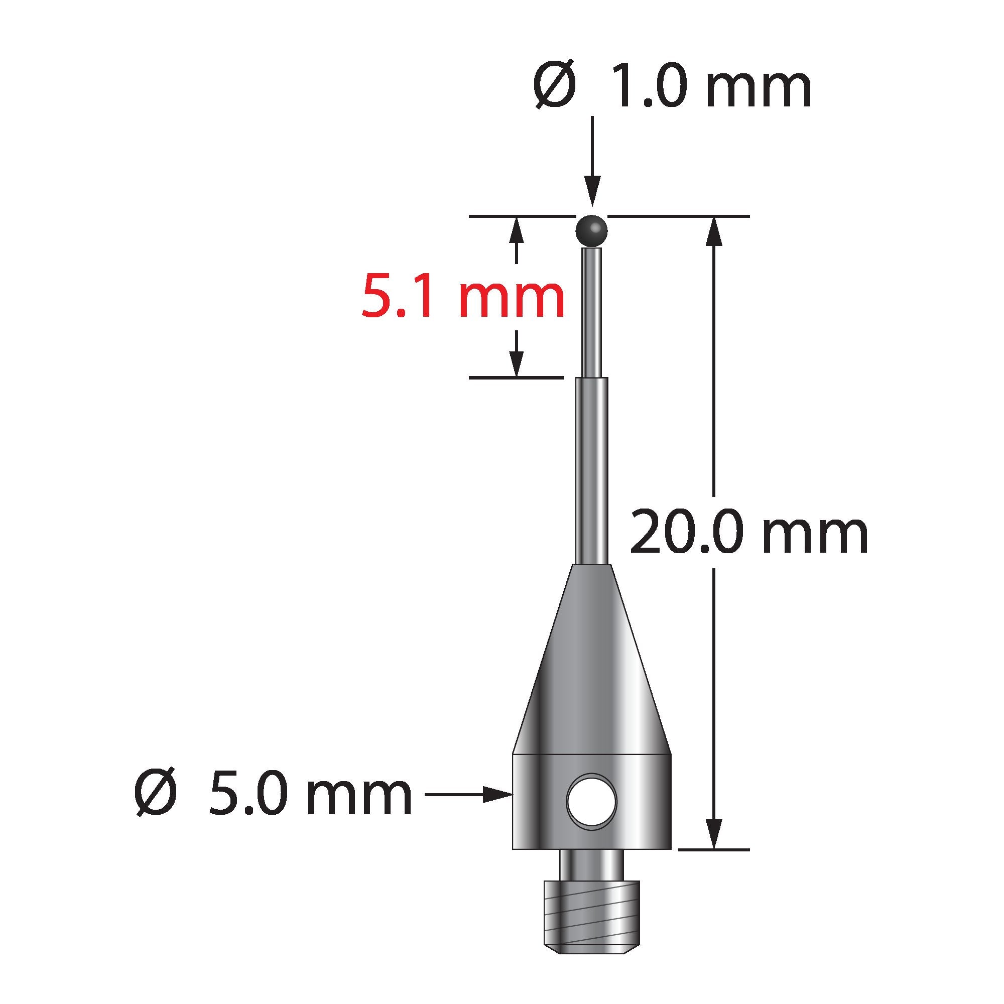 TM3-1020-TX-6-SN M3 stylus with 1.0mm silicon nitride ball, carbide stem, titanium base, 20mm long by Q-Mark Manufacturing, Inc.