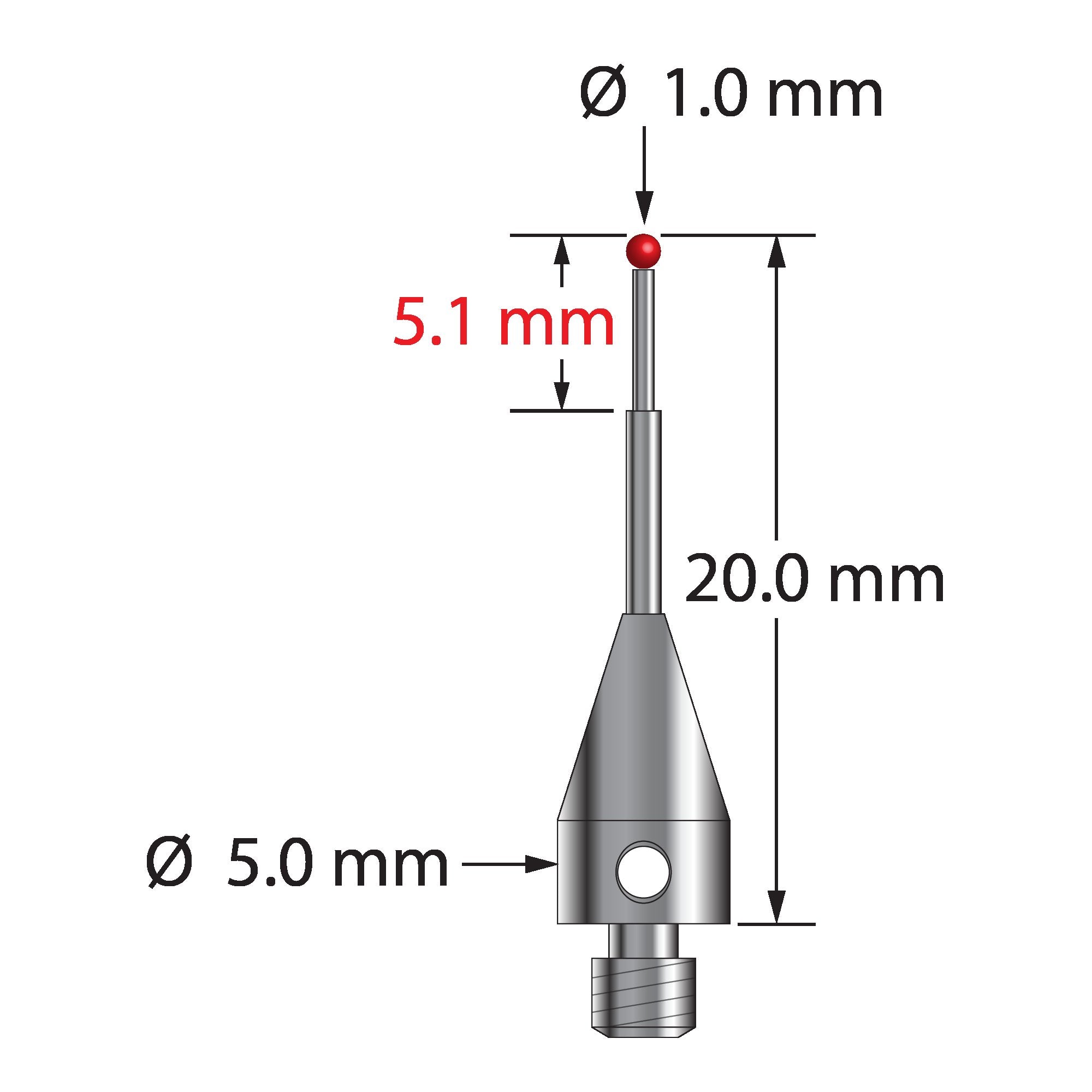 TM3-1020-TX-6 M3 1.0mm ruby ball, stepped carbide stem, titanium base stylus, 20.0mm long by Q-Mark Manufacturing, Inc.