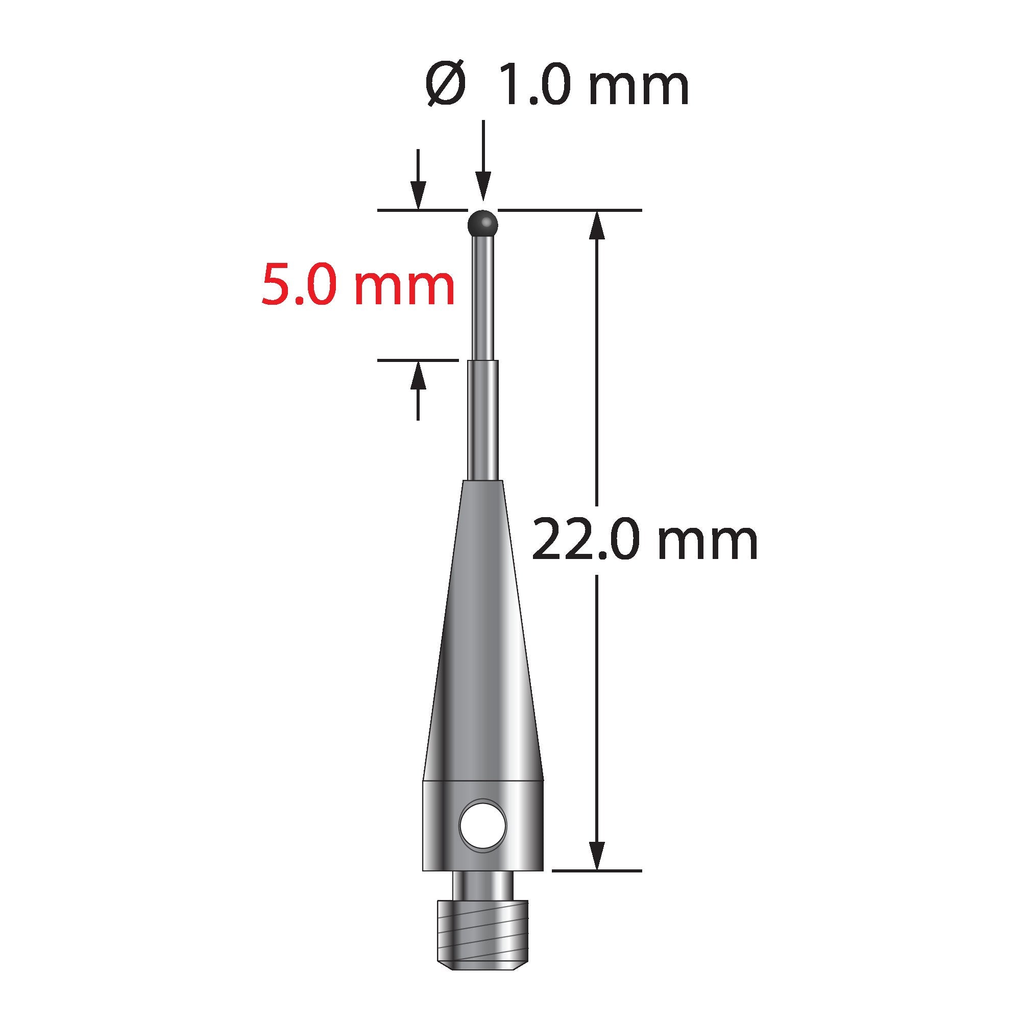 TM3-1022-13-SN M3 stylus with 1.0mm silicon nitride ball, carbide stem, and stainless steel base.