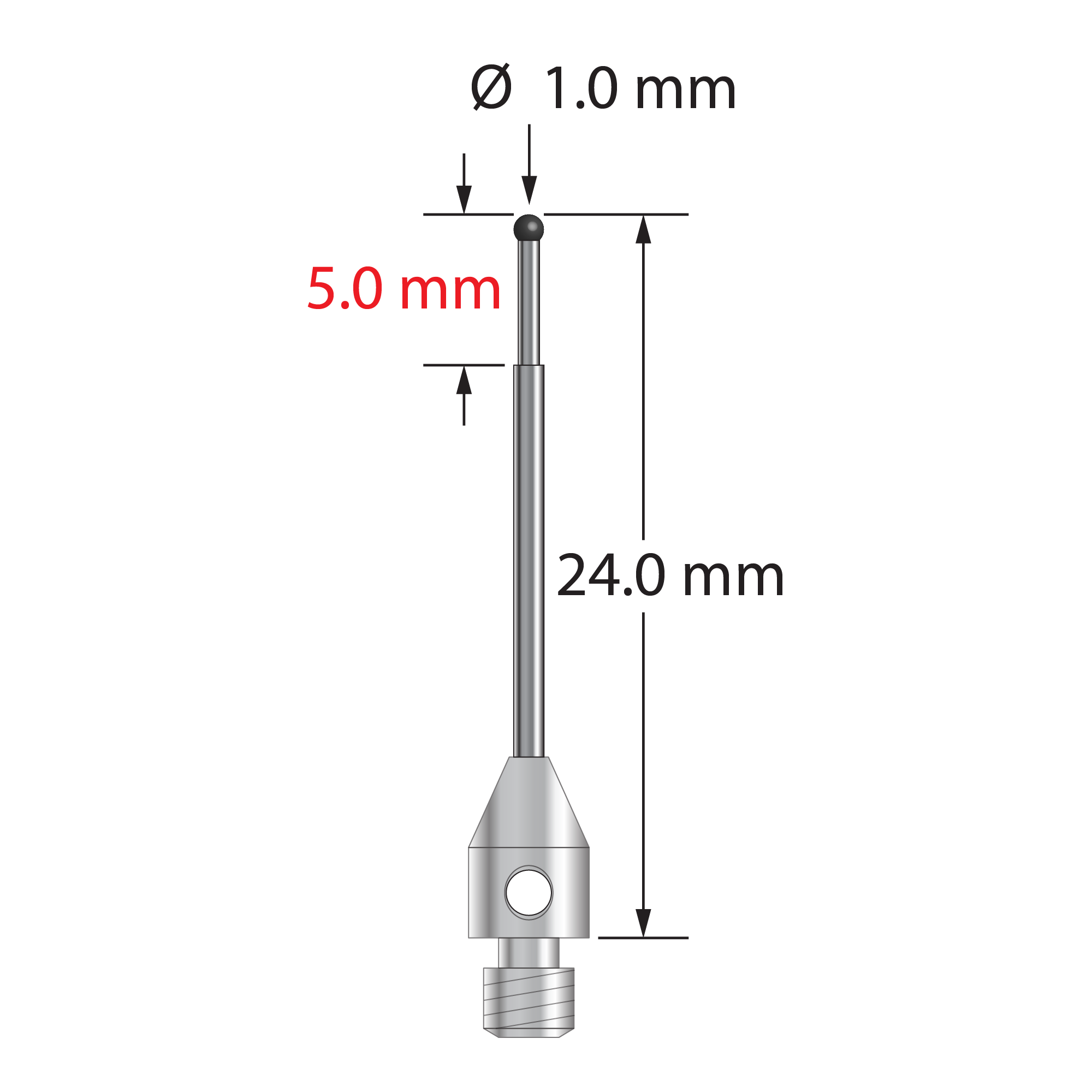 TM3-1024-06-SN M3 stylus, 1.0mm silicon nitride ball, carbide stem, stainless steel base, 24mm long by Q-Mark Manufacturing, Inc.
