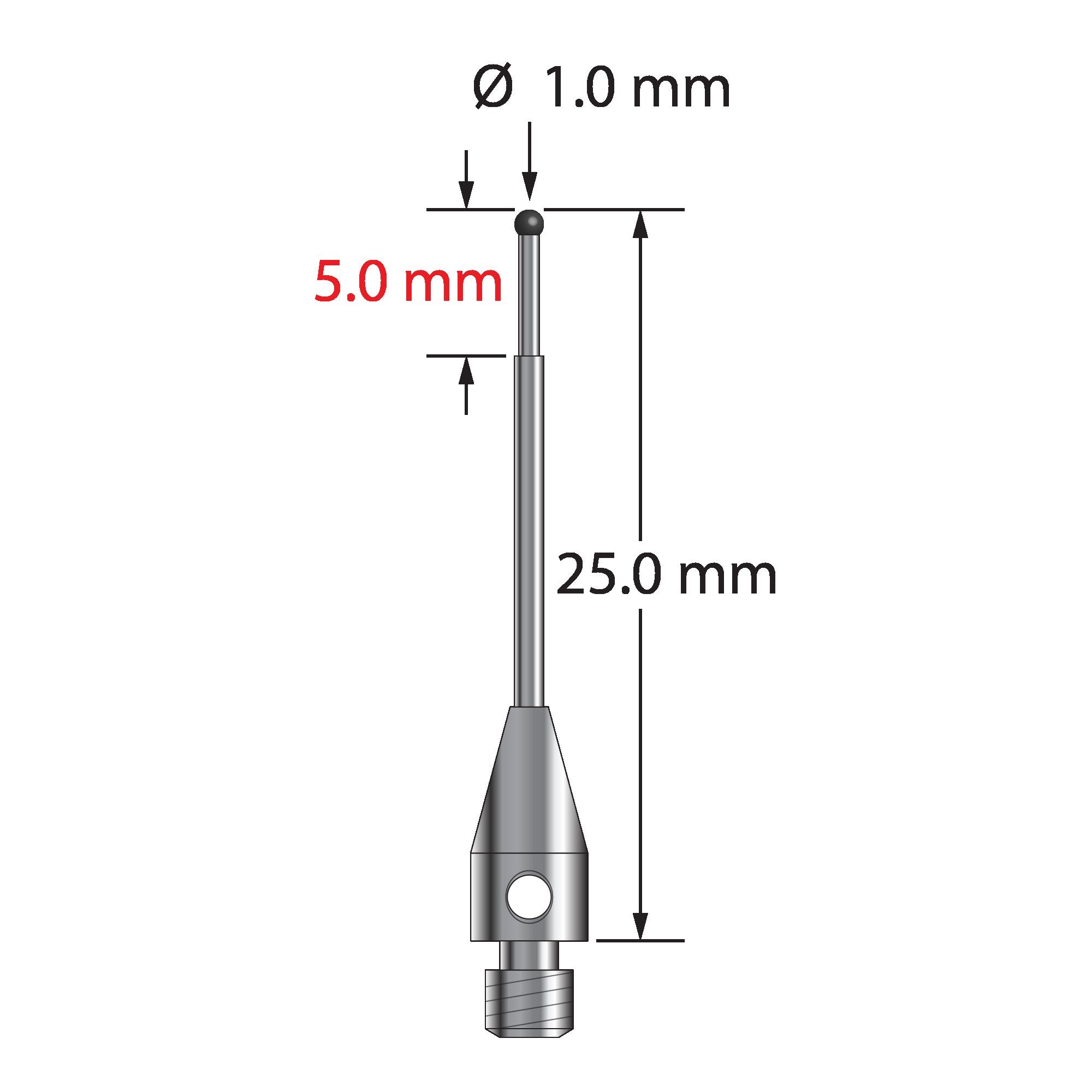 TM3-1025-SN M3 1.0mm silicon nitride ball stylus, stepped carbide stem, stainless steel base, 25.0mm long by Q-Mark Manufacturing, Inc.