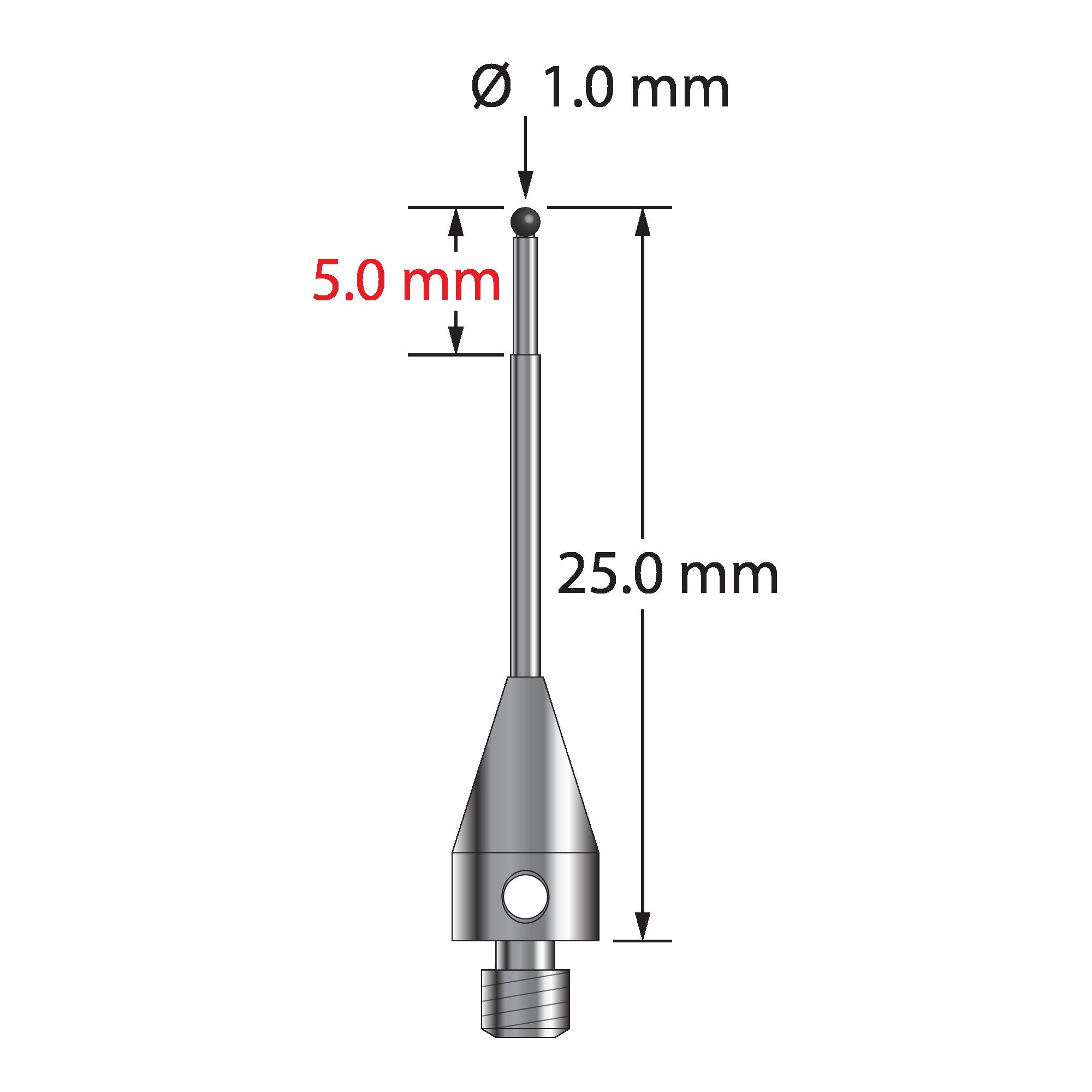 TM3-1025-TX-SN M3 1.0mm silicon nitride ball stylus, titanium base, 25.0mm long by Q-Mark Manufacturing, Inc.
