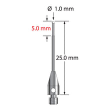 TM3-1025-Z M3 stylus with 1.0mm zirconia ball, carbide stem, and stainless steel base, 25.0mm long.