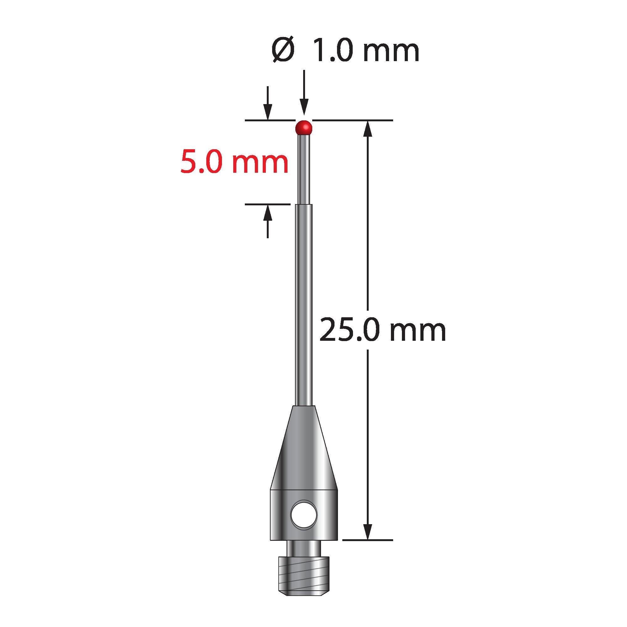 TM3-1025 M3 stylus, 1.0mm ruby ball, carbide stem, stainless steel base, 25mm long.