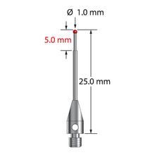 TM3-1025 M3 stylus, 1.0mm ruby ball, carbide stem, stainless steel base, 25mm long.