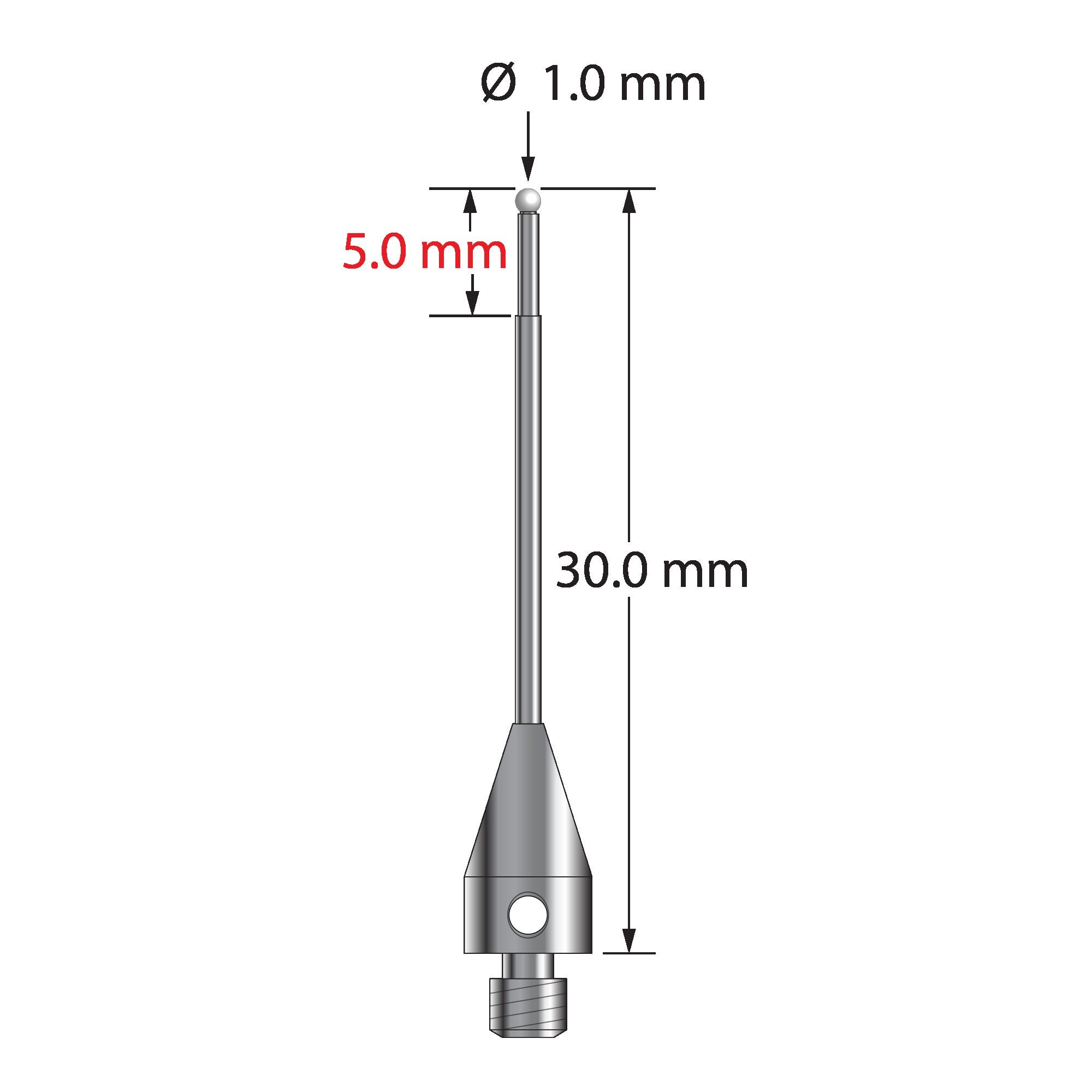 TM3-1030-TX-Z M3 stylus with 1.0mm zirconia ball, carbide stem, and titanium base, 30.0mm long.
