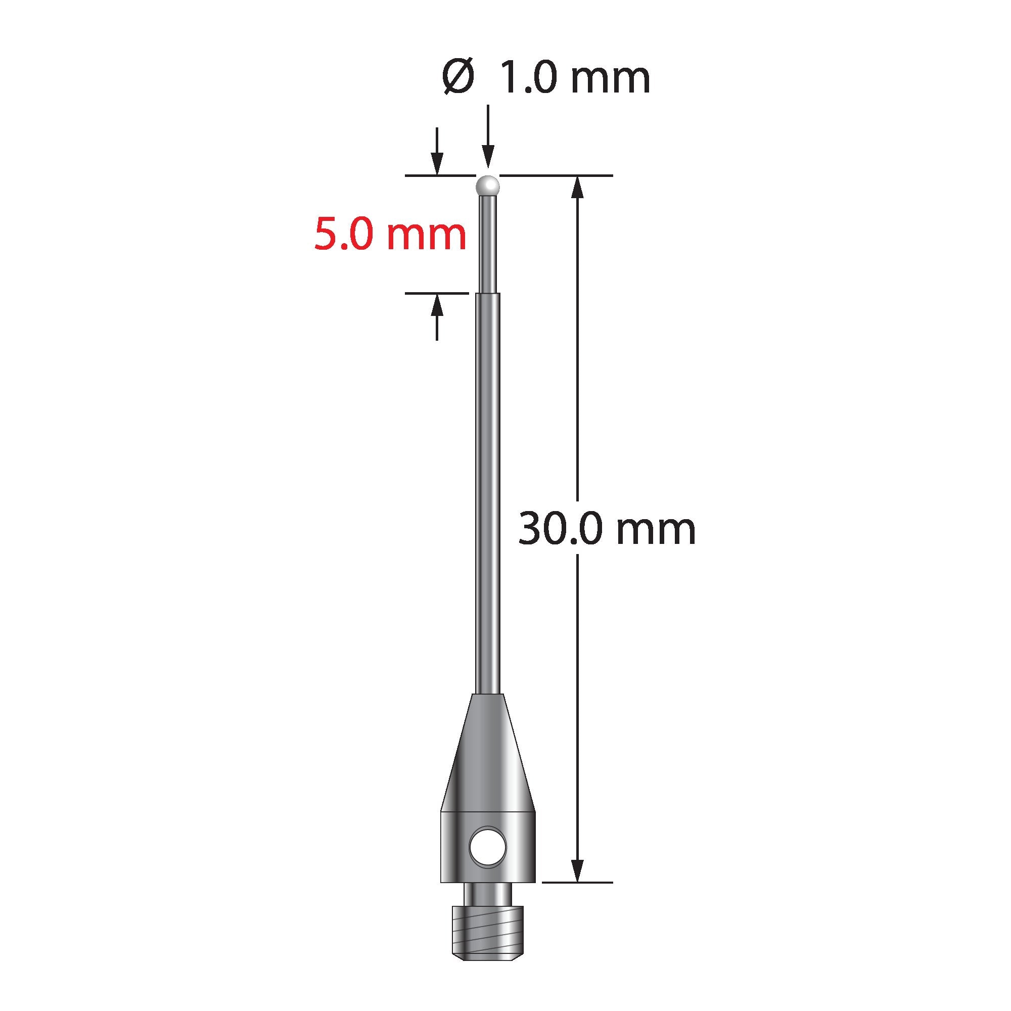 TM3-1030-Z M3 stylus with 1.0mm zirconia ball, carbide stem, and stainless steel base.