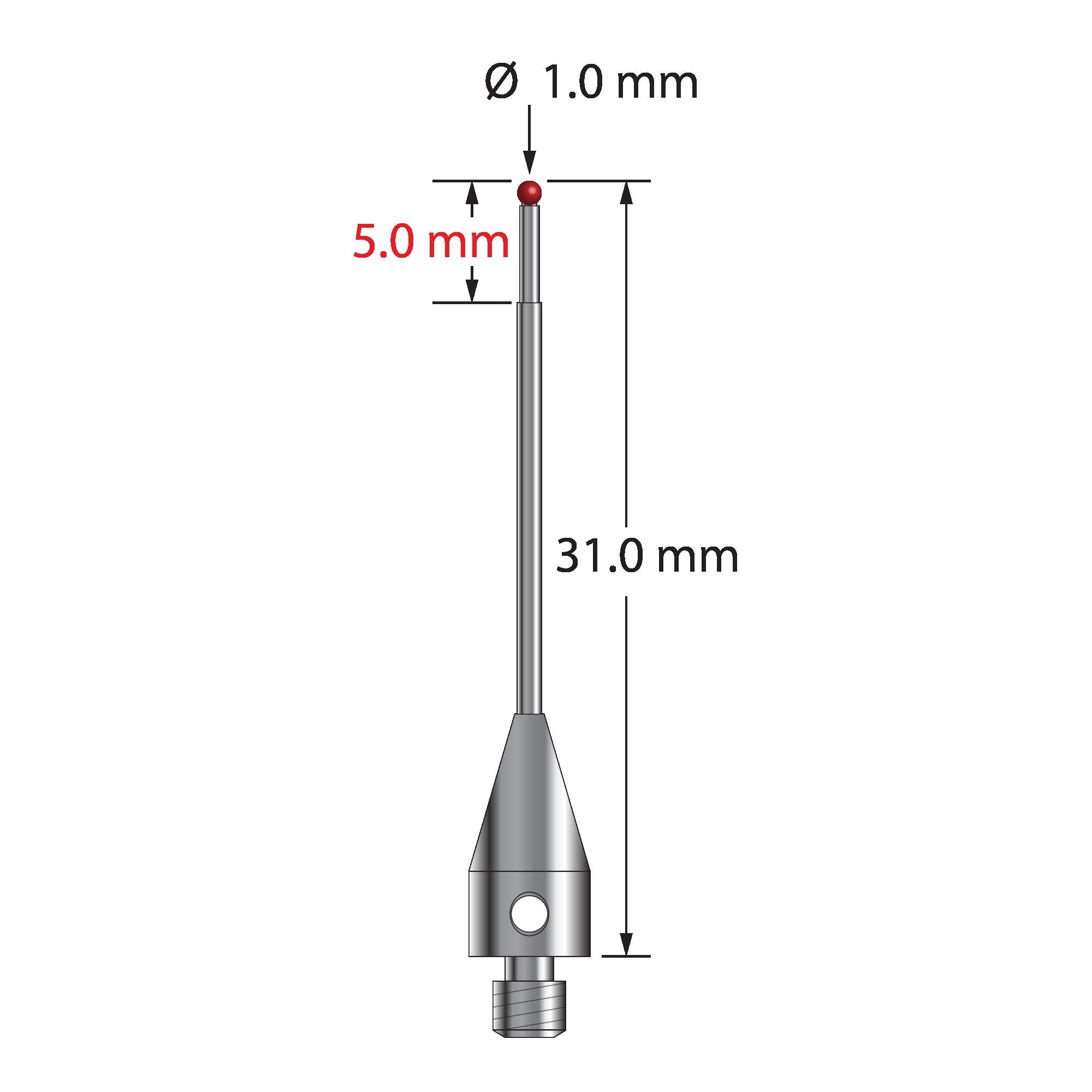 TM3-1031-TX M3 1.0mm ruby ball stylus with stepped carbide stem and titanium base.