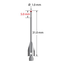 TM3-1031-TX M3 1.0mm ruby ball stylus with stepped carbide stem and titanium base.