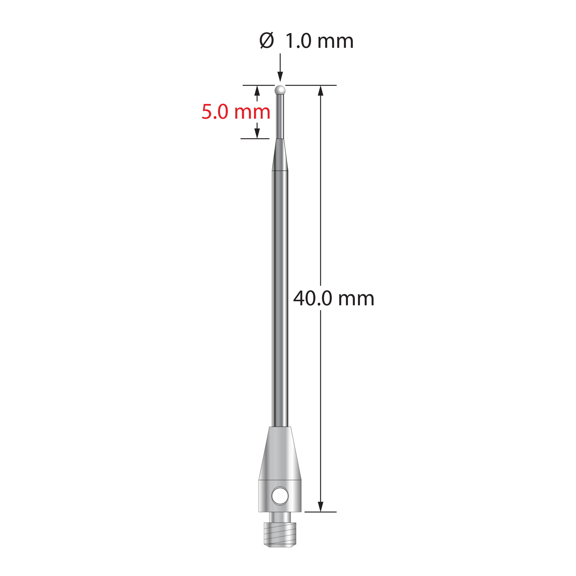 TM3-1040-Z M3 stylus with 1.0mm zirconia ball, tapered carbide stem, and stainless steel base, 40mm long.