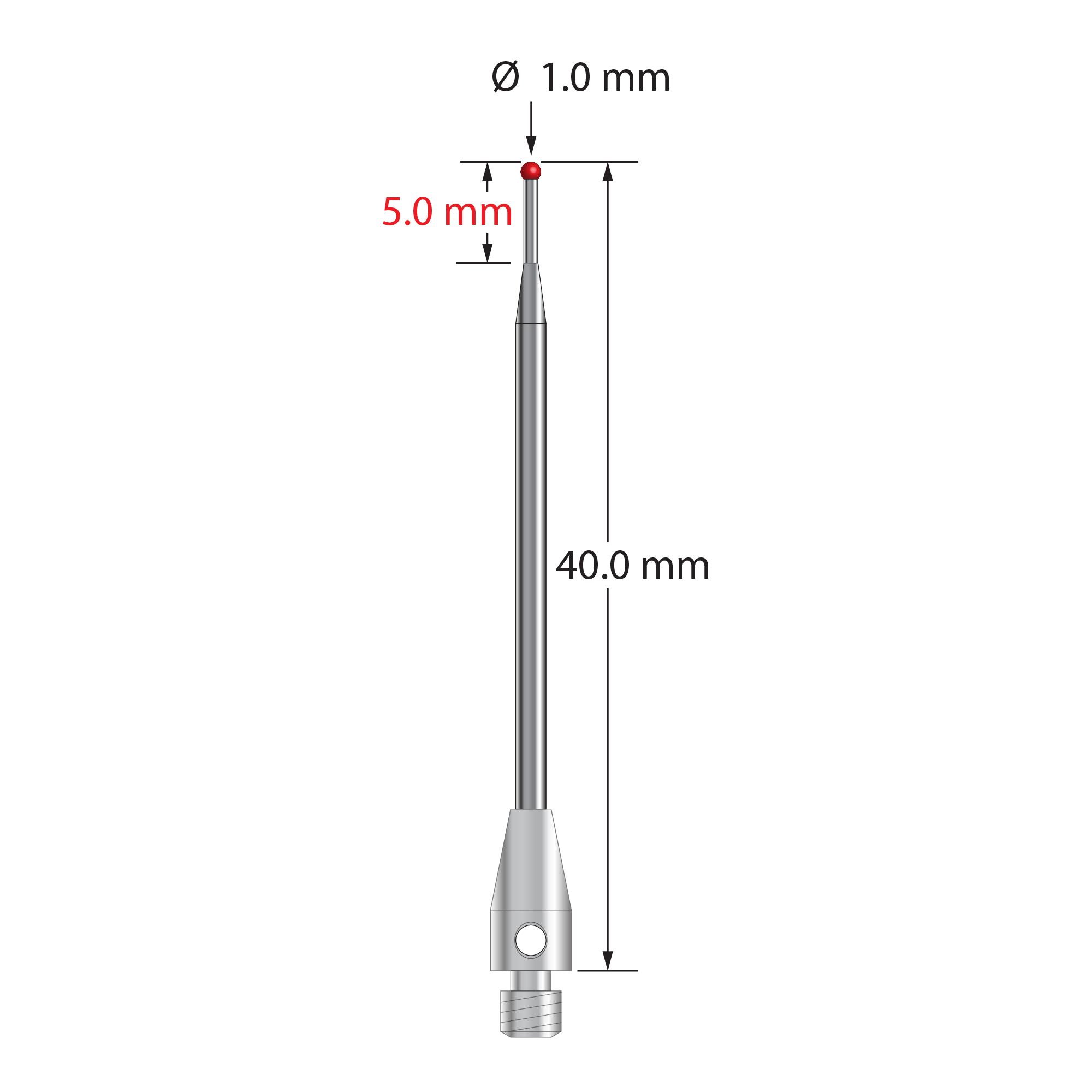 TM3-1040 M3 1.0mm ruby ball stylus with tapered carbide stem and stainless steel base, 40.0mm long.
