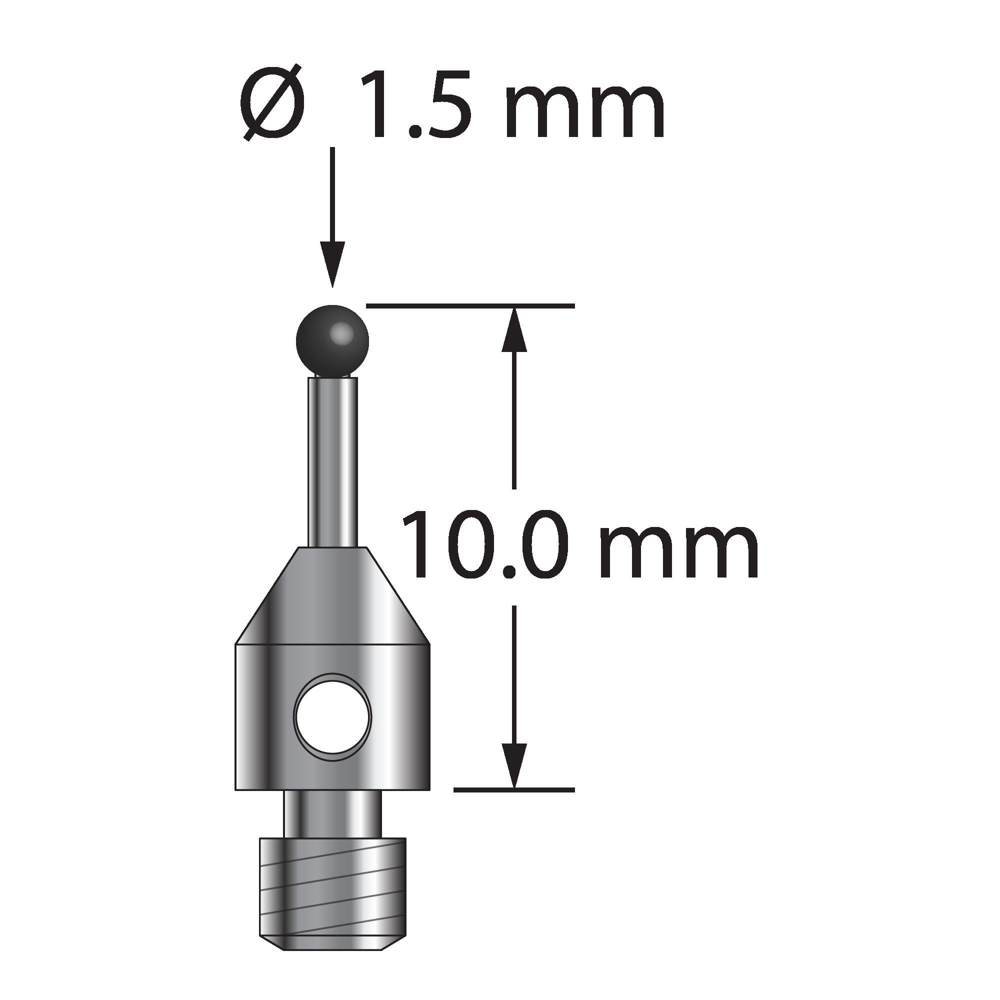 TM3-1510-SN M3 stylus with 1.5mm silicon nitride ball, carbide stem, and stainless steel base, 10mm long.