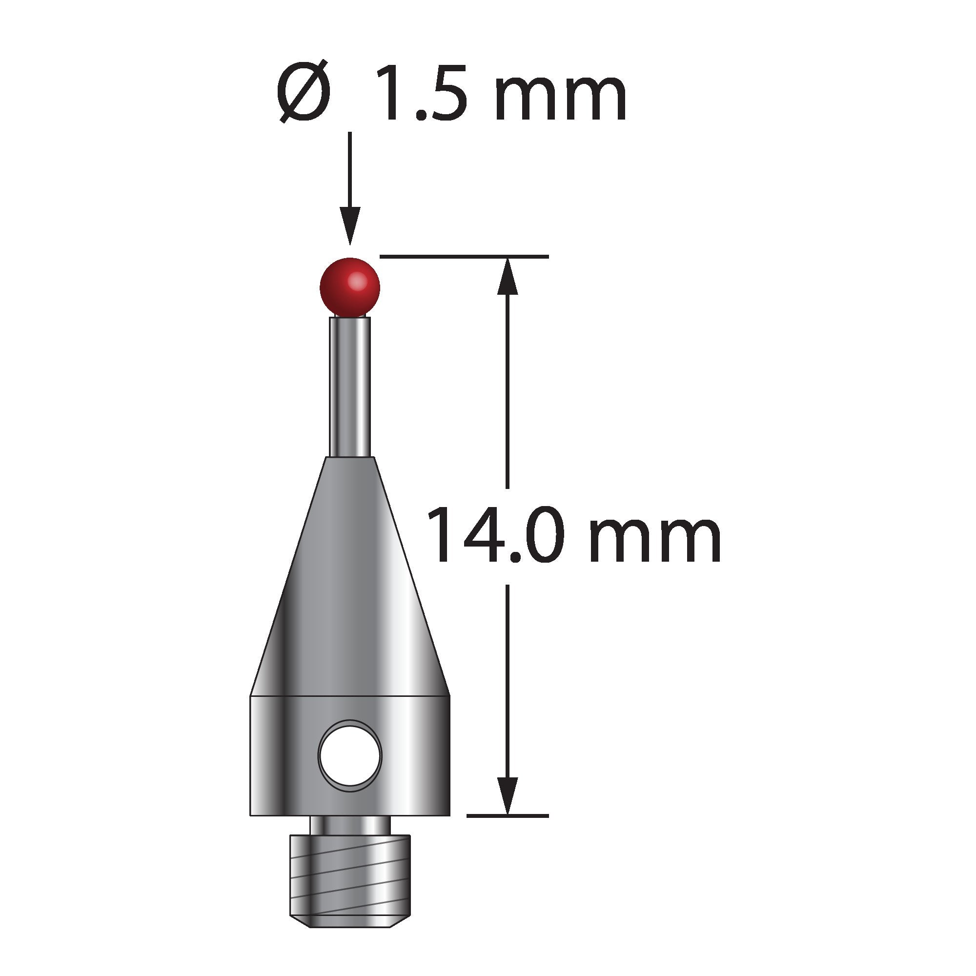 TM3-1514-TX M3 stylus with 1.5mm ruby ball, carbide stem, and titanium base, 14mm long.