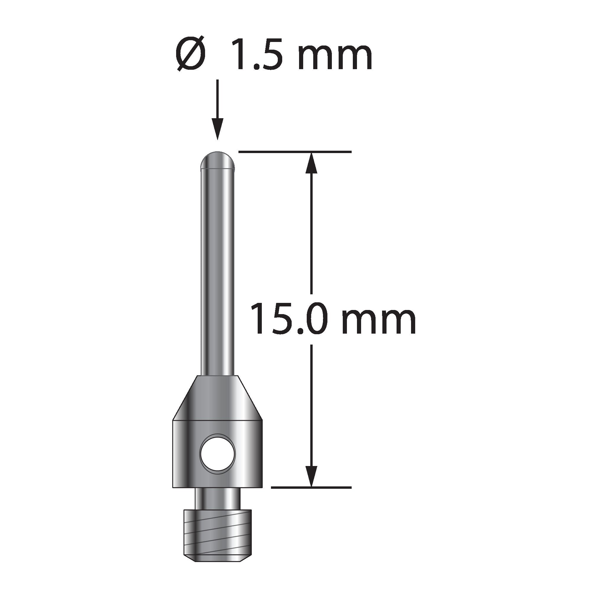 TM3-1515-BC M3 cylinder stylus with 1.5mm carbide cylinder and stainless steel base, 15mm long.