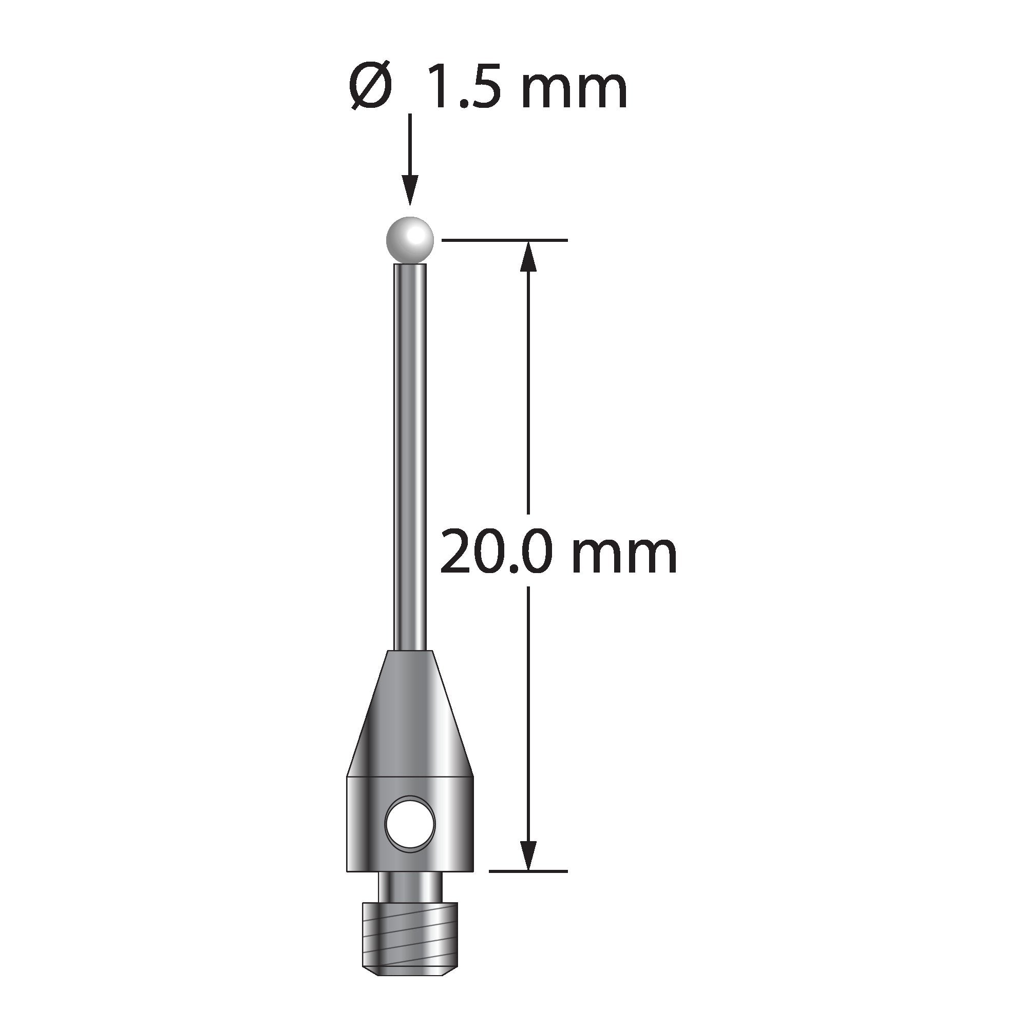 TM3-1520.75-Z M3 stylus with 1.5mm zirconia ball, carbide stem, and stainless steel base.