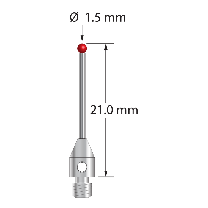 M3 stylus with 1.5 mm diameter ruby ball, 1.0 mm diameter carbide stem, and 4.0 mm diameter by 6.0mm long stainless steel base.  Overall stylus length is 21.0 mm.  Stylus weight is 0.63 gram.  Compare to Zeiss 626123-0144-021.