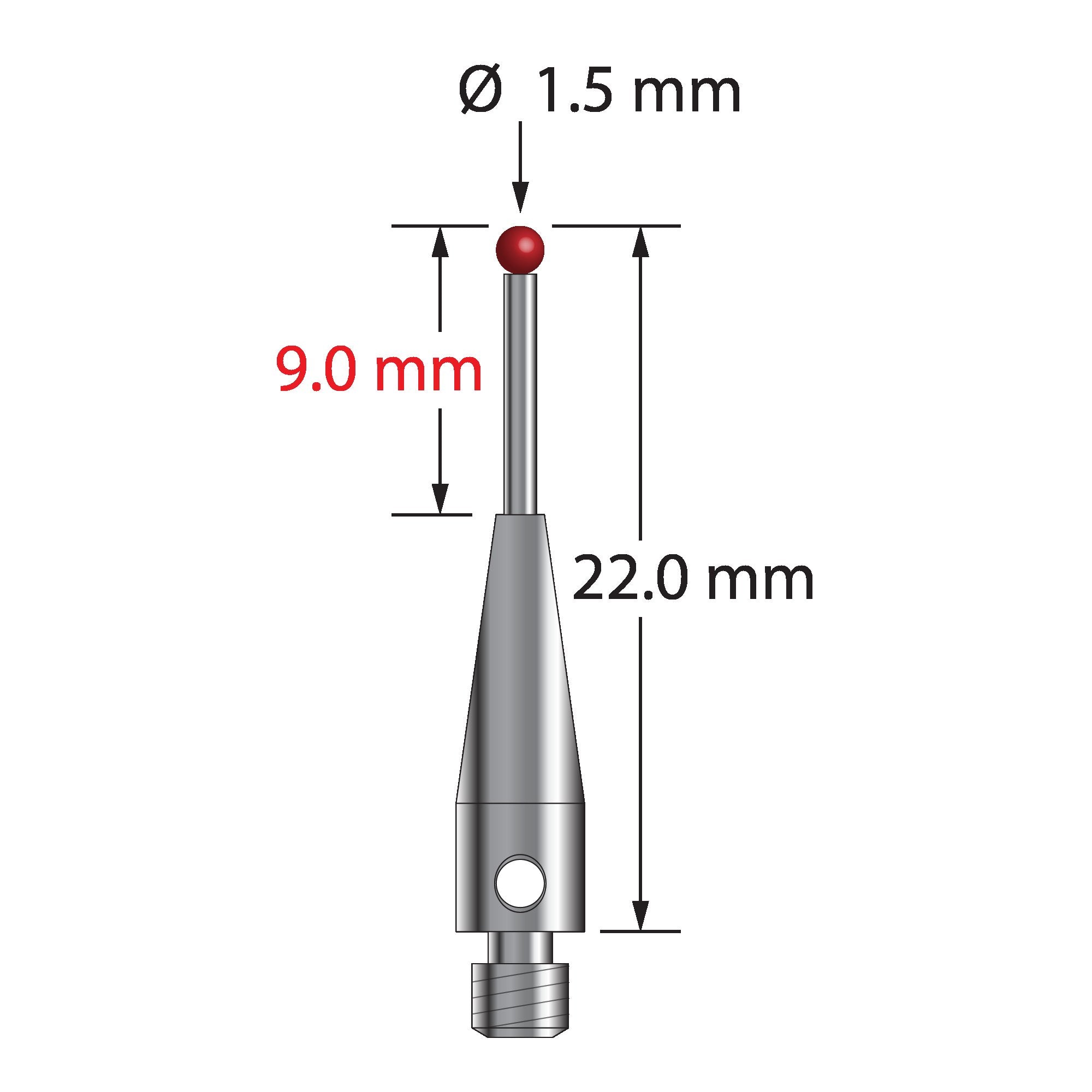 TM3-1522-09 M3 stylus with 1.5mm ruby ball, carbide stem, and stainless steel base by Q-Mark Manufacturing, Inc.