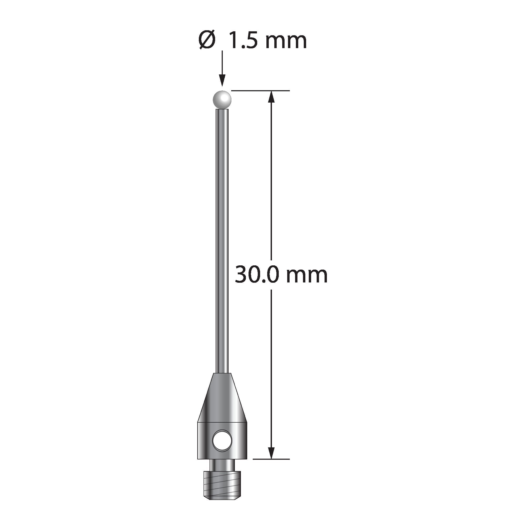 TM3-1530-DS1-Z M3 stylus with 1.5mm zirconia ball, carbide stem, and stainless steel base, 30mm long.