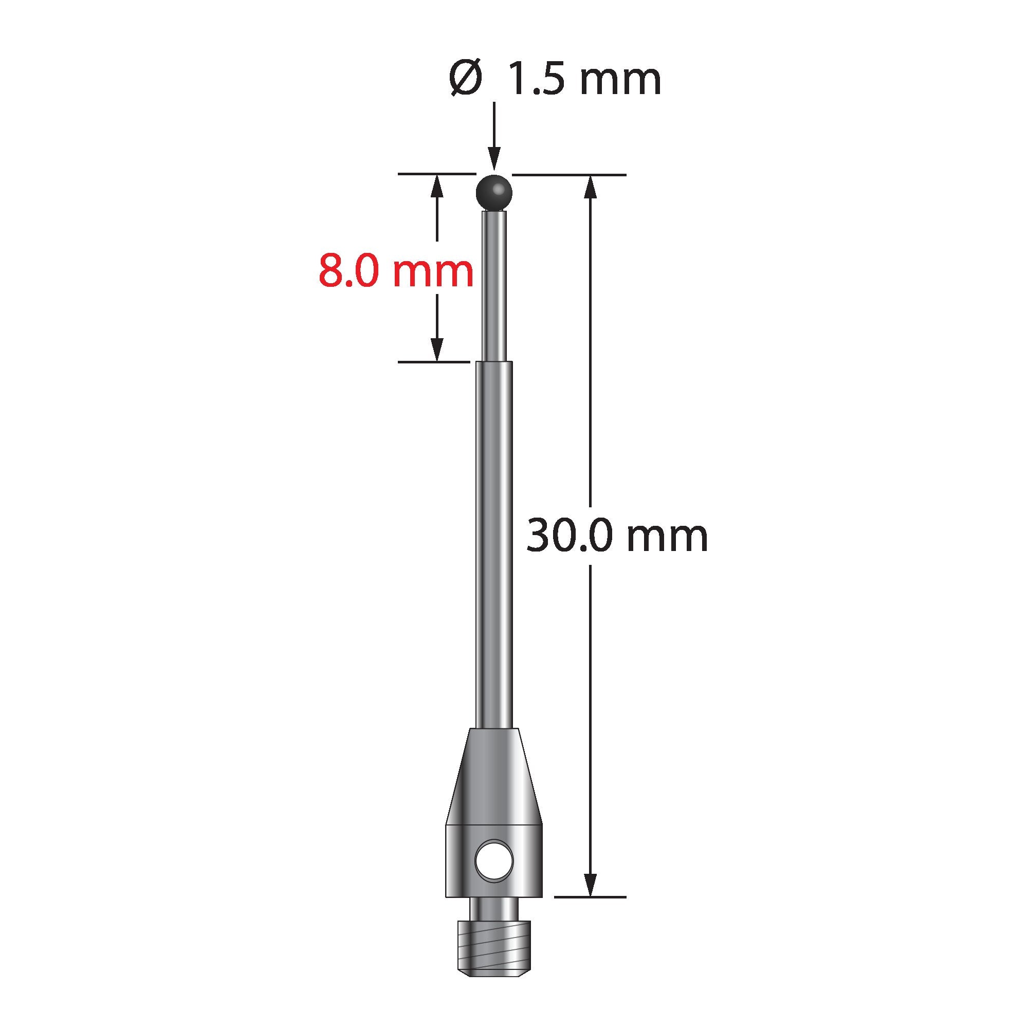 TM3-1530-SN M3 stylus with 1.5mm silicon nitride ball, stepped carbide stem, and stainless steel base.