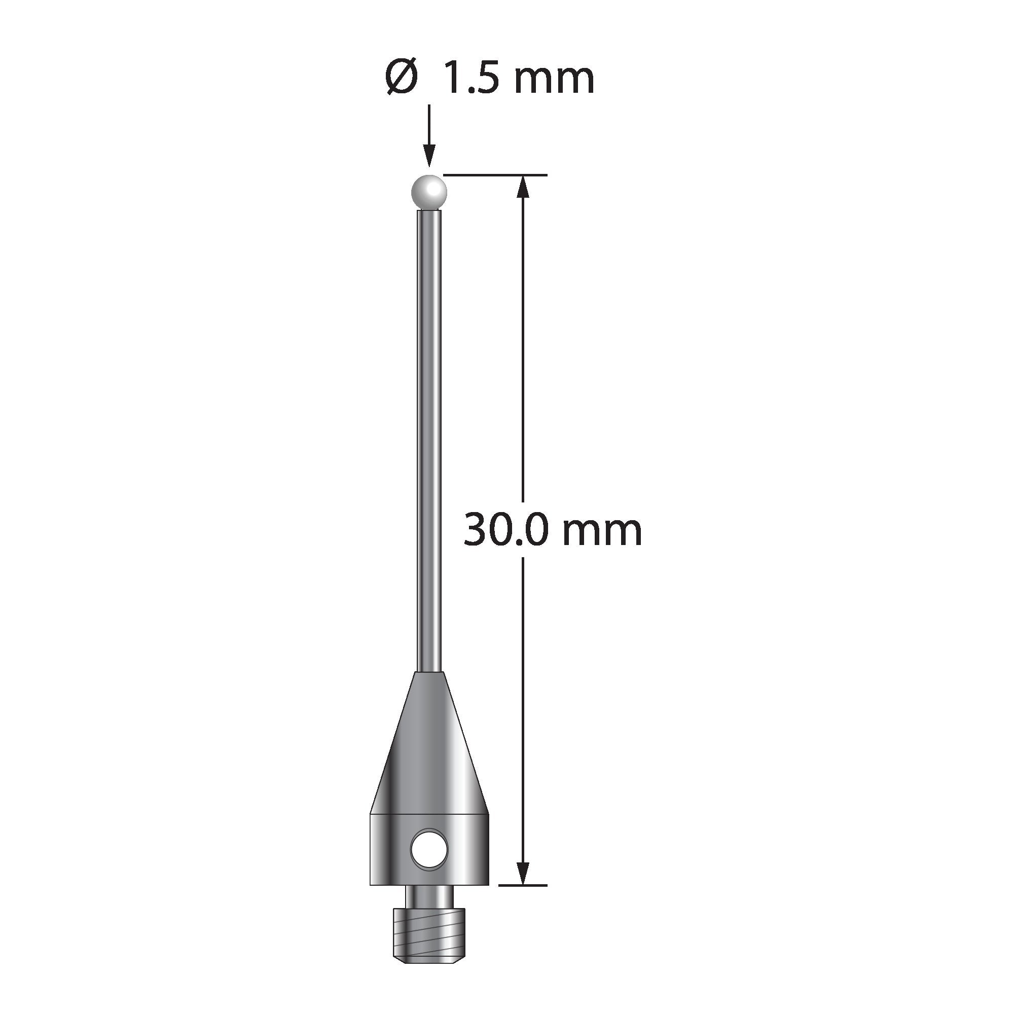 TM3-1530-TX-Z M3 stylus with 1.5mm zirconia ball, carbide stem, and titanium base, 30mm long.