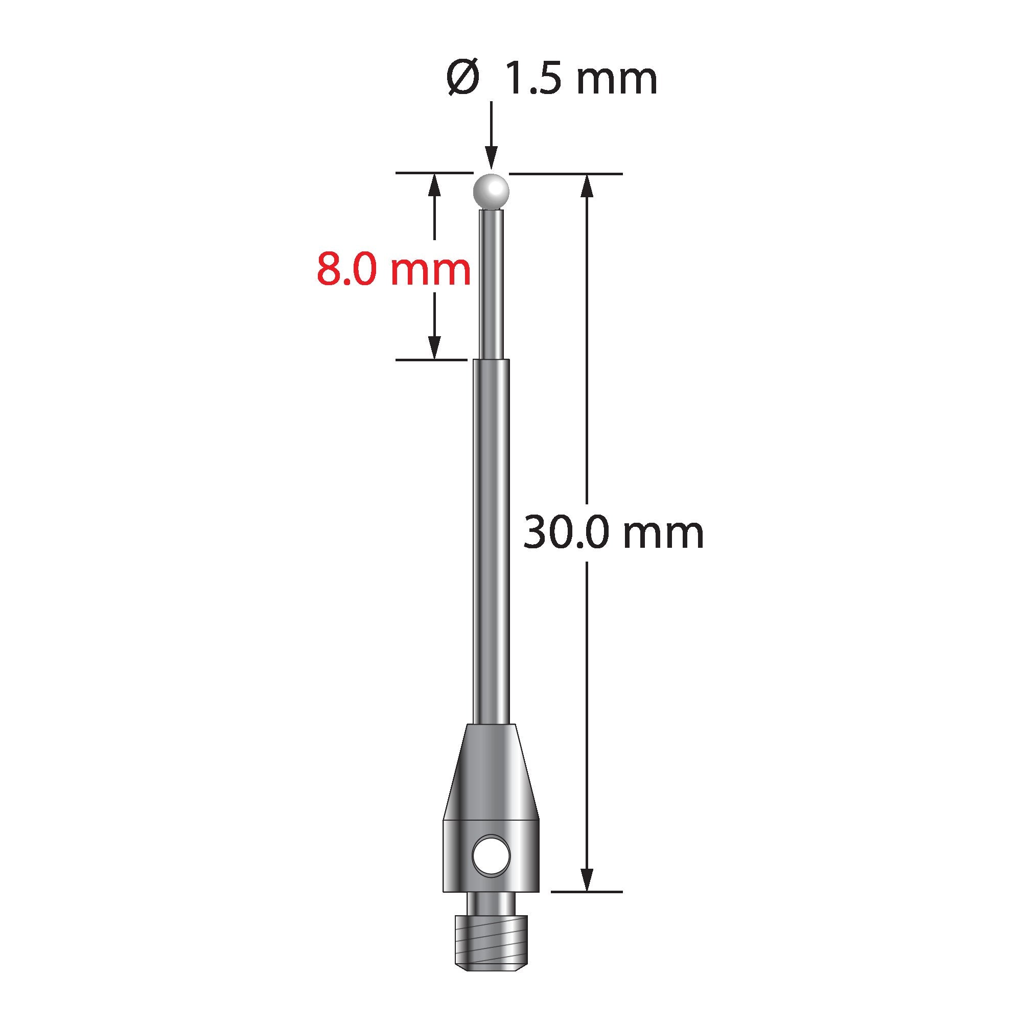TM3-1530-Z M3 stylus with 1.5mm zirconia ball, stepped carbide stem, and stainless steel base, 30mm long.