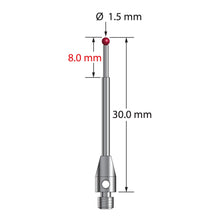 TM3-1530 M3 stylus with 1.5mm ruby ball, carbide stem, and stainless steel base, 30mm long.