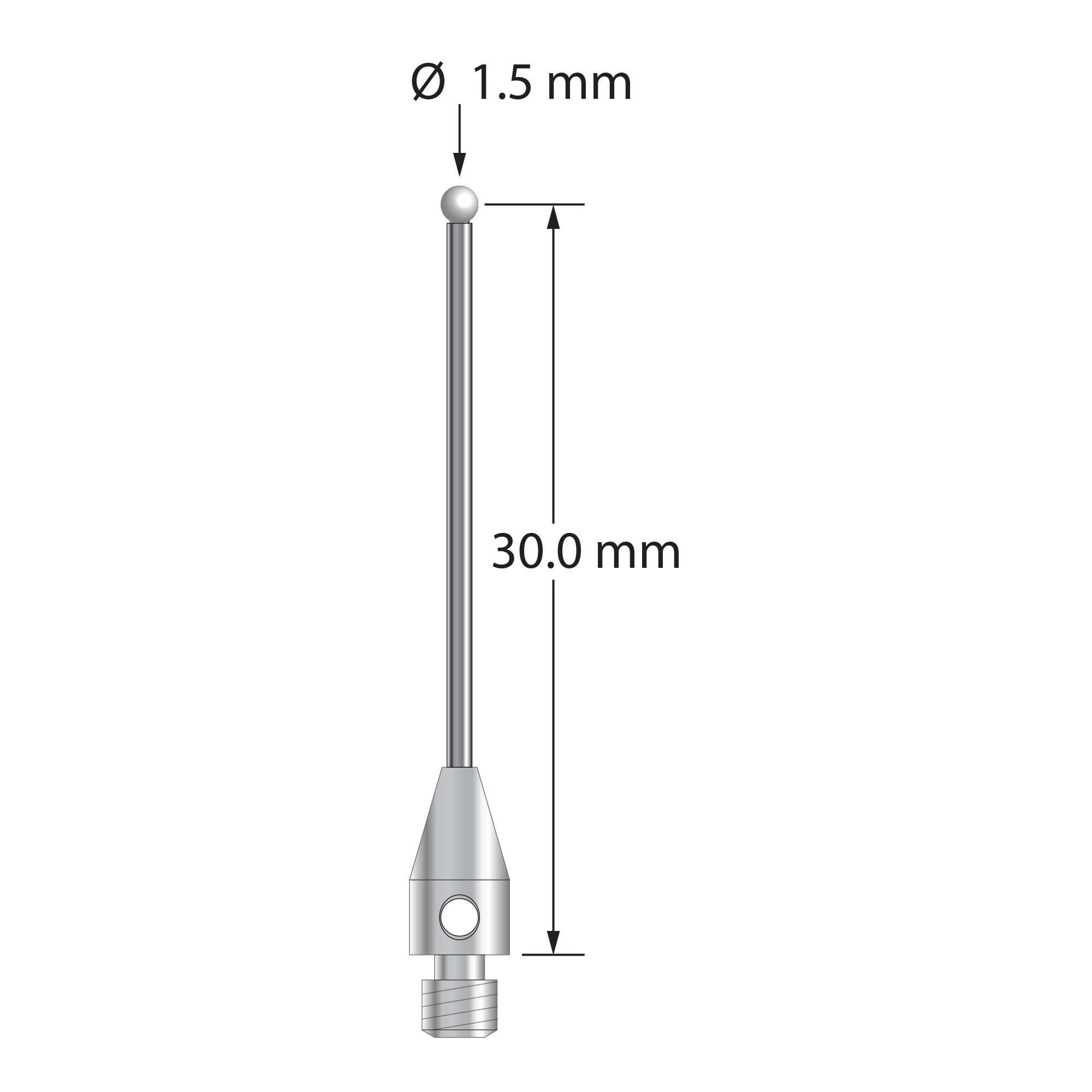 TM3-1530.75-DS1-Z M3 stylus with 1.5mm zirconia ball, carbide stem, and stainless steel base.