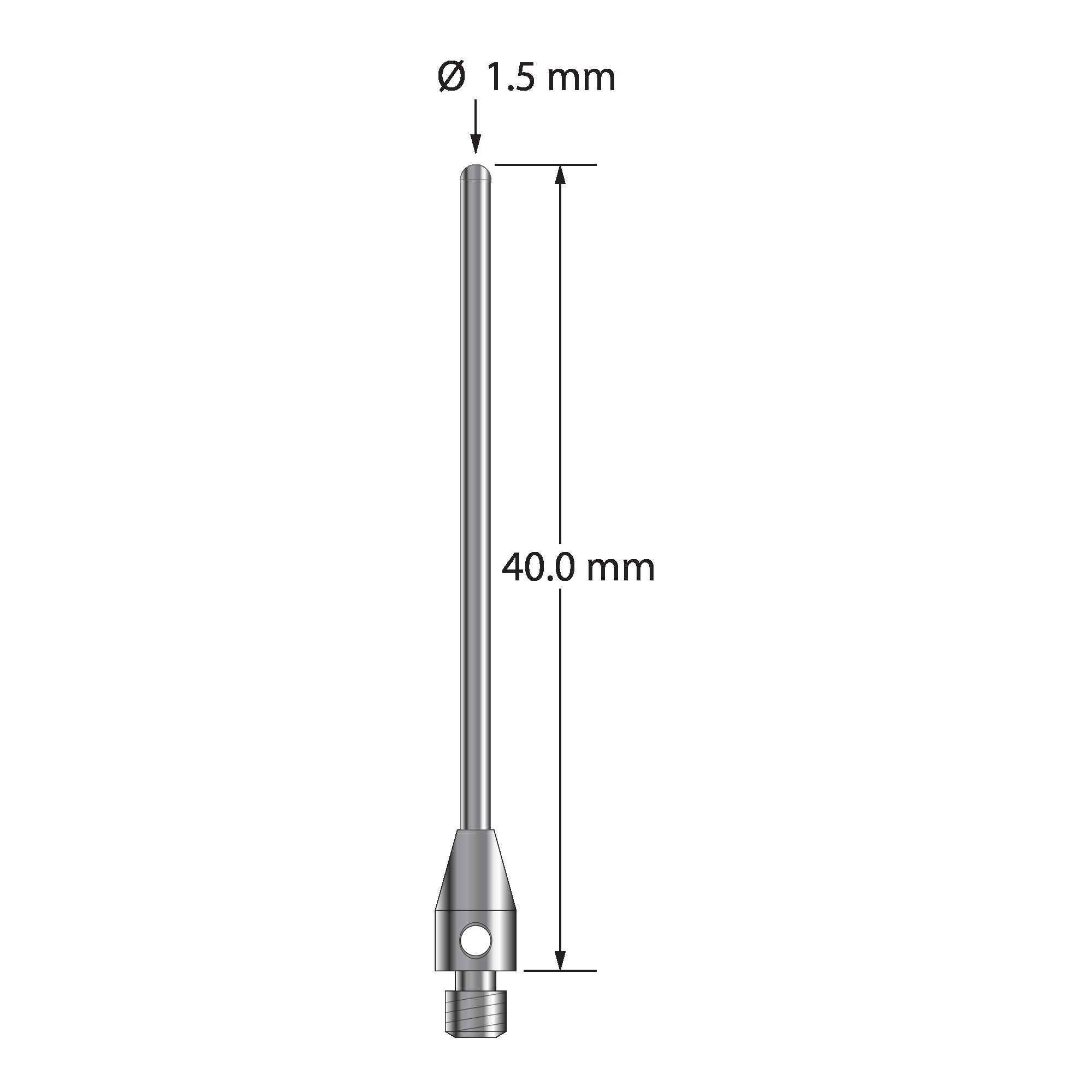 TM3-1540-BC M3 cylinder stylus with 1.5mm carbide cylinder and stainless steel base, 40mm long.