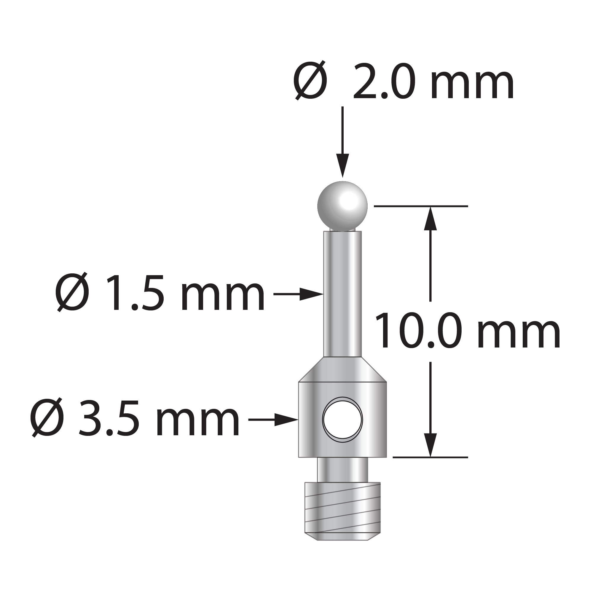 TM3-2010-S-Z M3 stylus with 2.0mm zirconia ball and stainless steel stem, 10.0mm length.