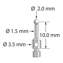 TM3-2010-S-Z M3 stylus with 2.0mm zirconia ball and stainless steel stem, 10.0mm length.