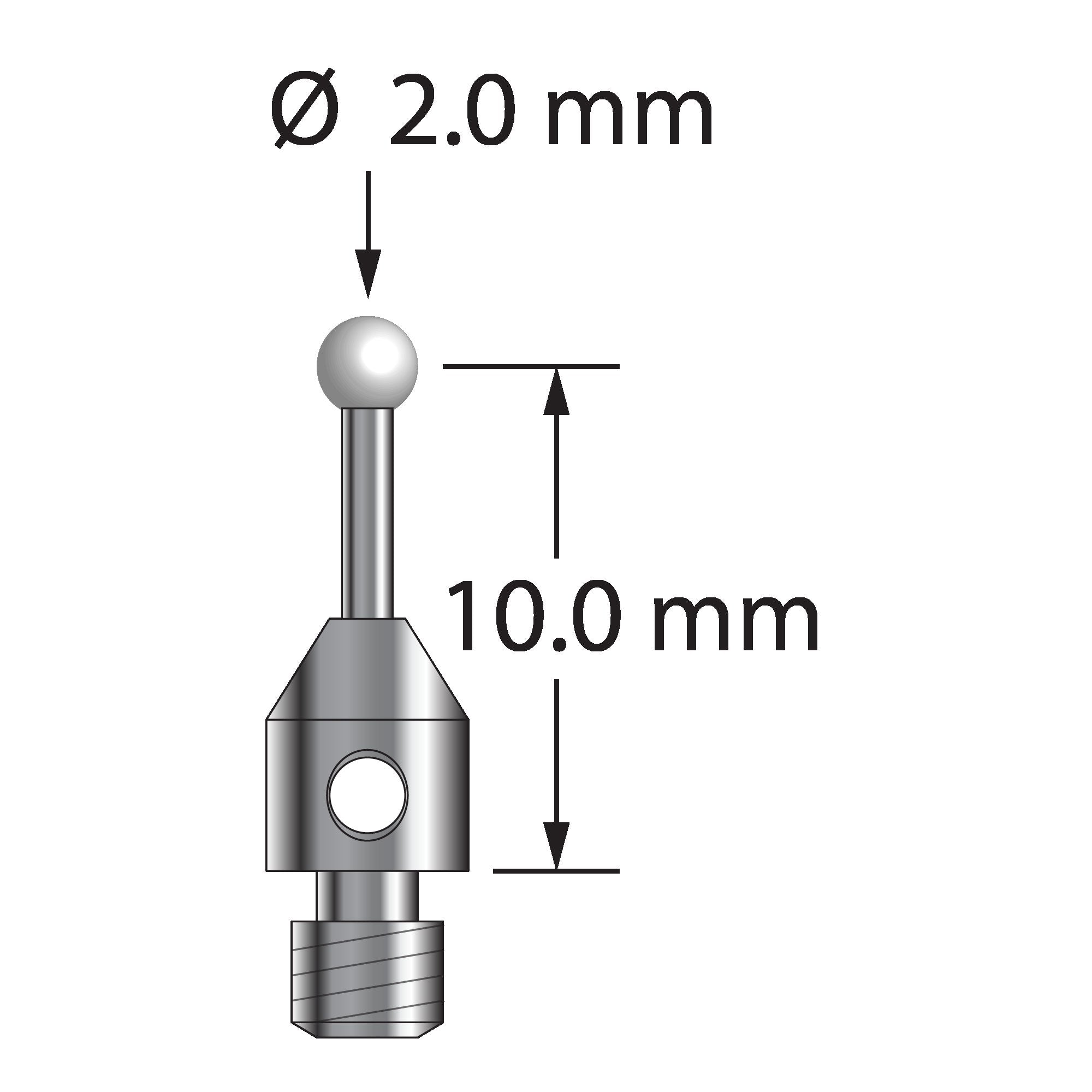 TM3-2011-Z M3 stylus with 2.0mm zirconia ball, carbide stem, and stainless steel base.