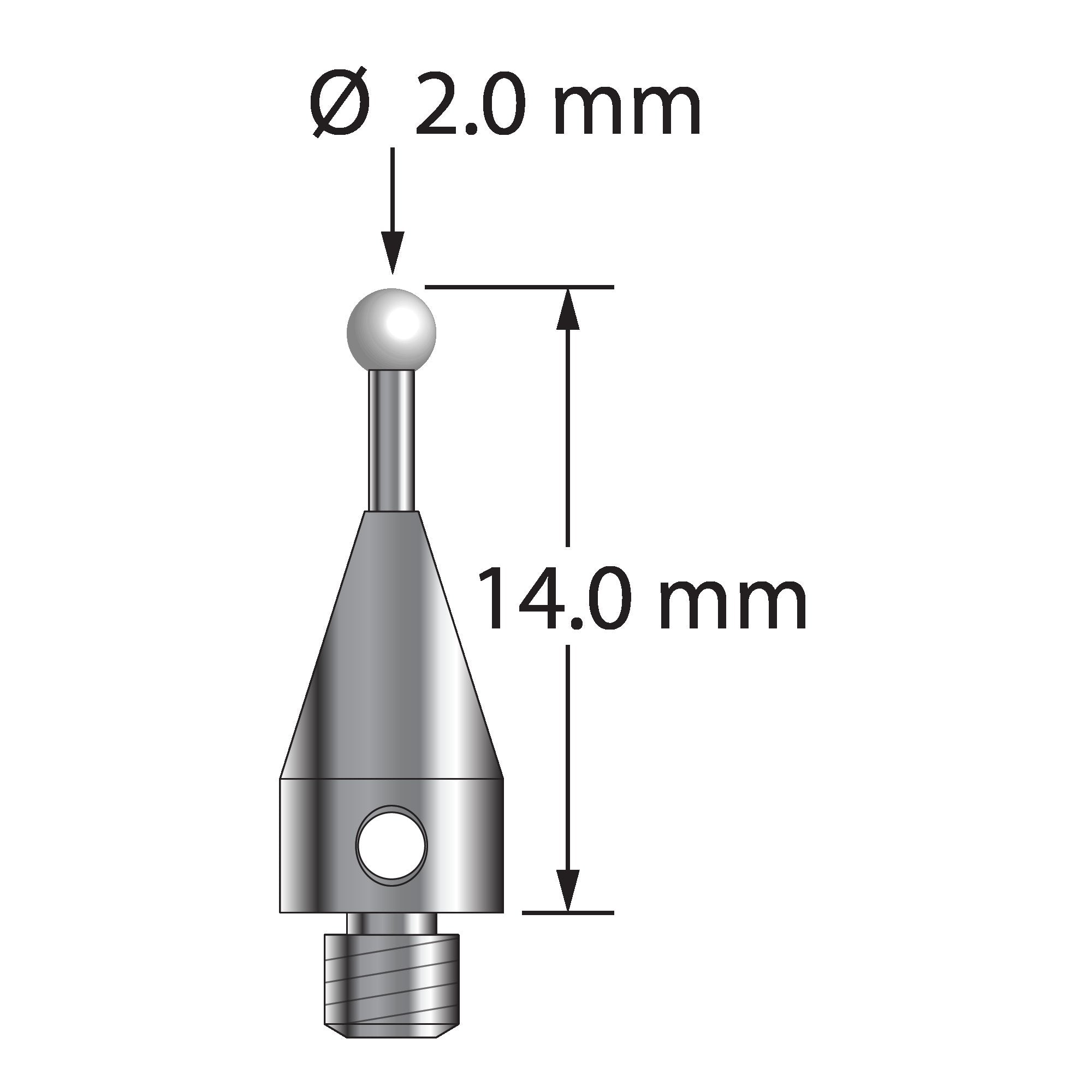 TM3-2014-TX-Z M3 stylus with 2.0mm zirconia ball, carbide stem, and titanium base.