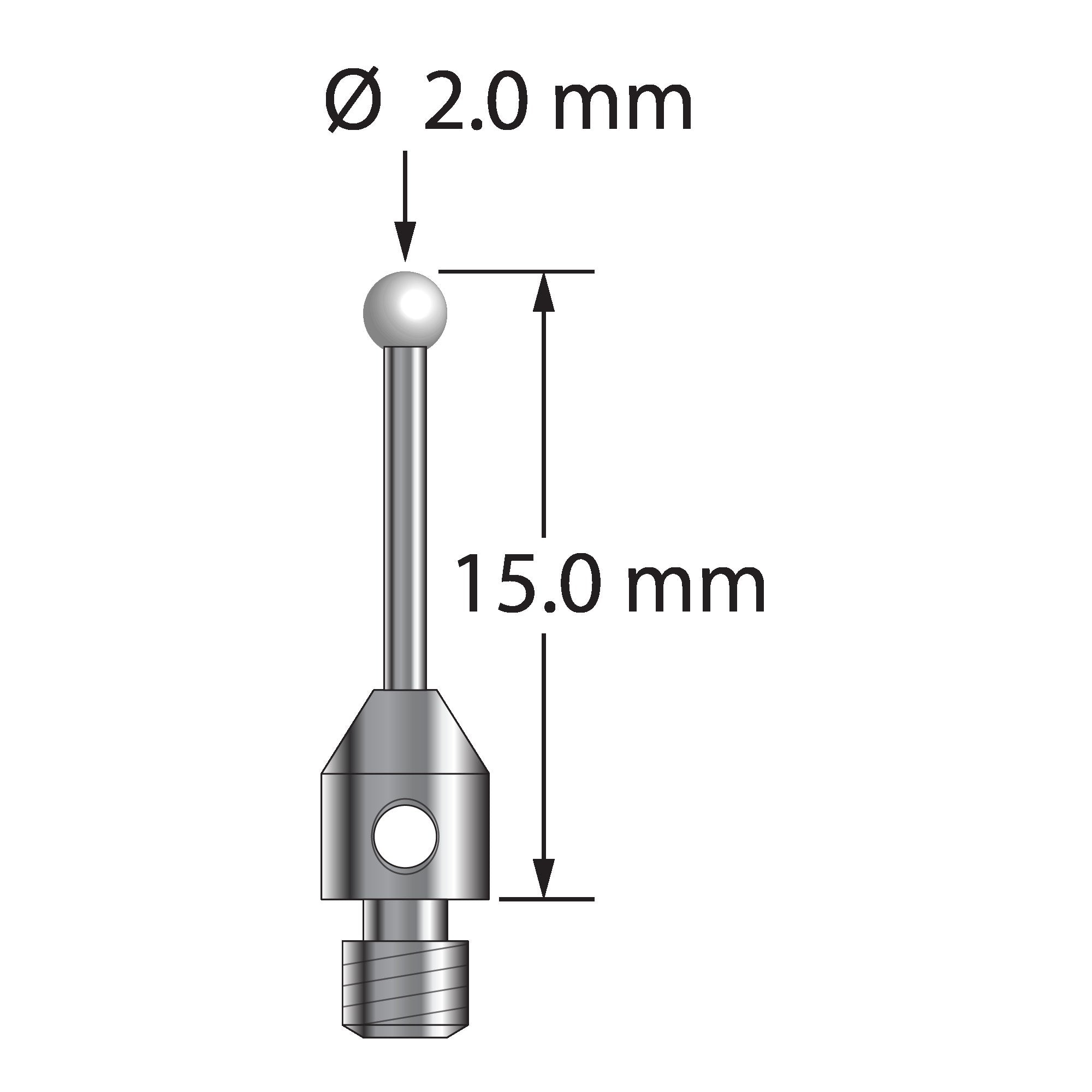 TM3-2015-Z M3 stylus with 2.0mm zirconia ball, carbide stem, and stainless steel base, 15.0mm long.