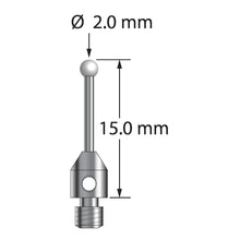 TM3-2015-Z M3 stylus with 2.0mm zirconia ball, carbide stem, and stainless steel base, 15.0mm long.
