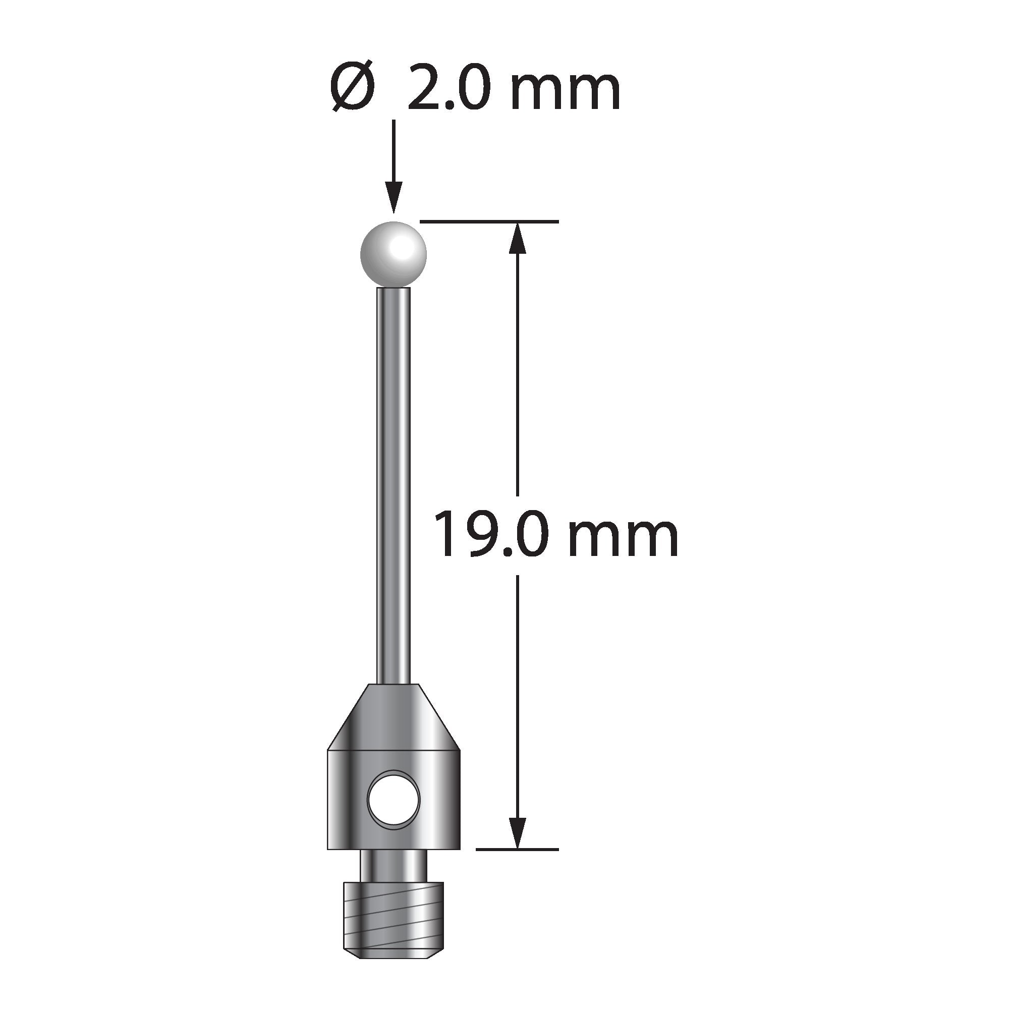 TM3-2019-Z M3 stylus with 2.0mm zirconia ball, carbide shaft, and stainless steel base, 19.0mm long by Q-Mark Manufacturing, Inc.
