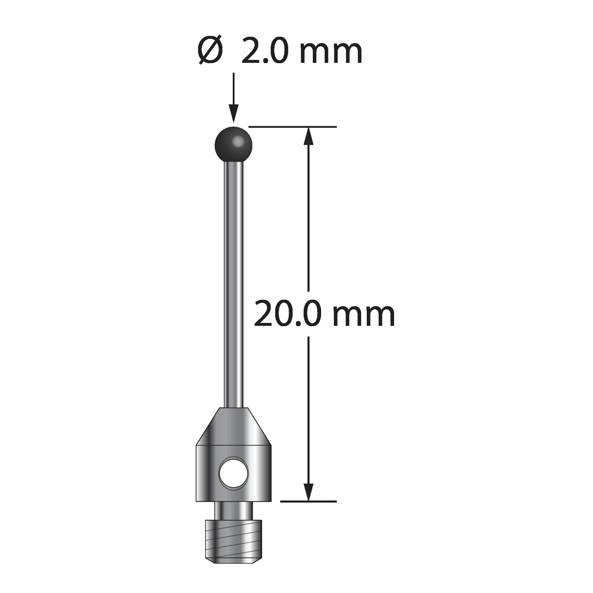 TM3-2020-SN M3 stylus with 2.0mm silicon nitride ball, carbide stem, and stainless steel base, 20.0mm long by Q-Mark Manufacturing, Inc.