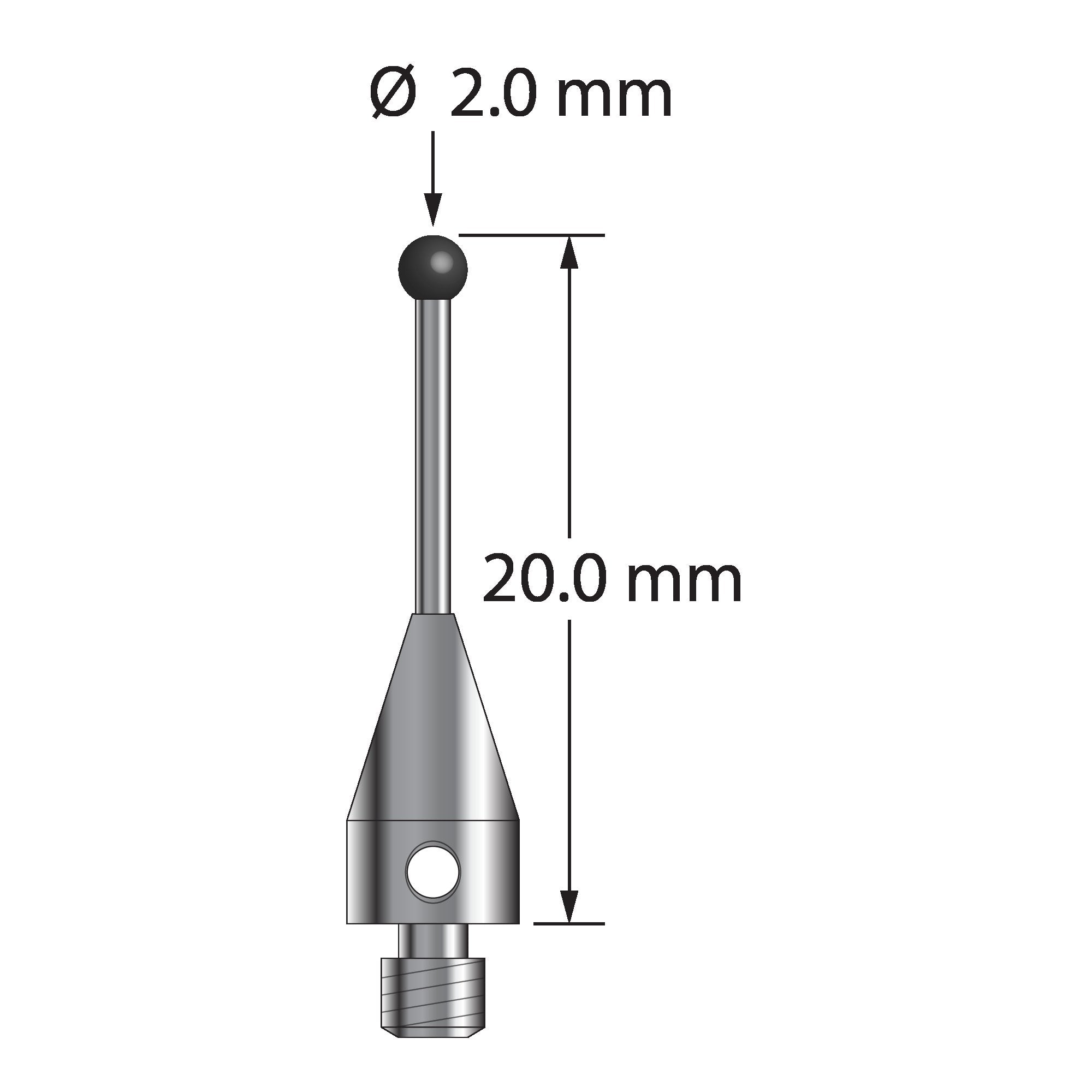 TM3-2020-TX-SN M3 stylus with 2.0mm silicon nitride ball, carbide stem, titanium base, 20mm length.