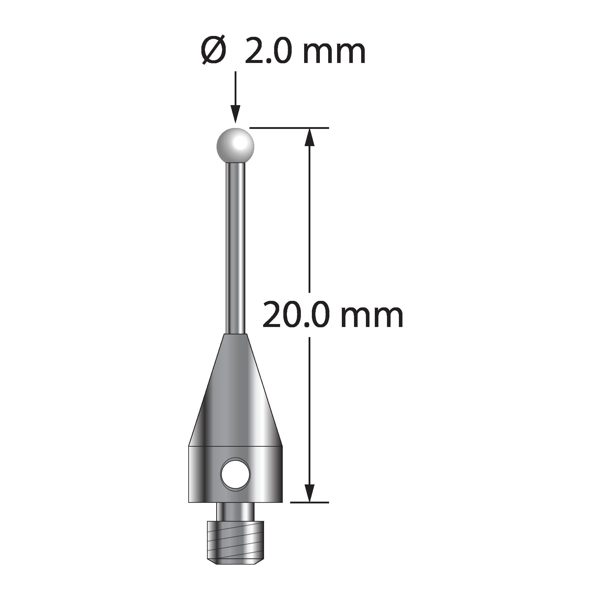 TM3-2020-TX-Z M3 2.0mm zirconia ball stylus with carbide stem, titanium base, 20.0mm long by Q-Mark Manufacturing, Inc.