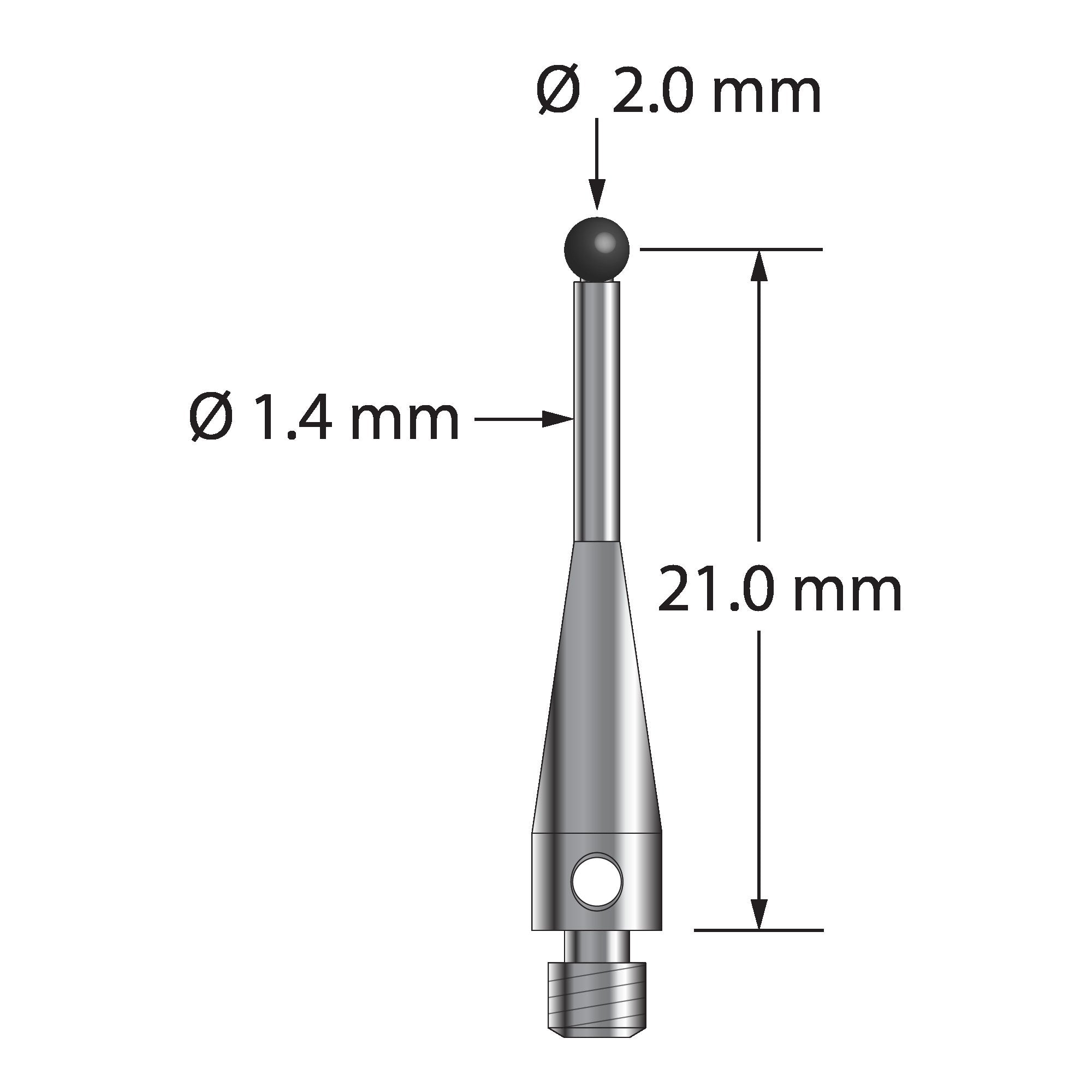 TM3-2022-S-SN M3 stylus with 2.0mm silicon nitride ball and stainless steel body, 21.0mm long.