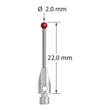 TM3-2022 M3 stylus with 2.0mm ruby ball, carbide stem, and stainless steel base, 22.0mm long.