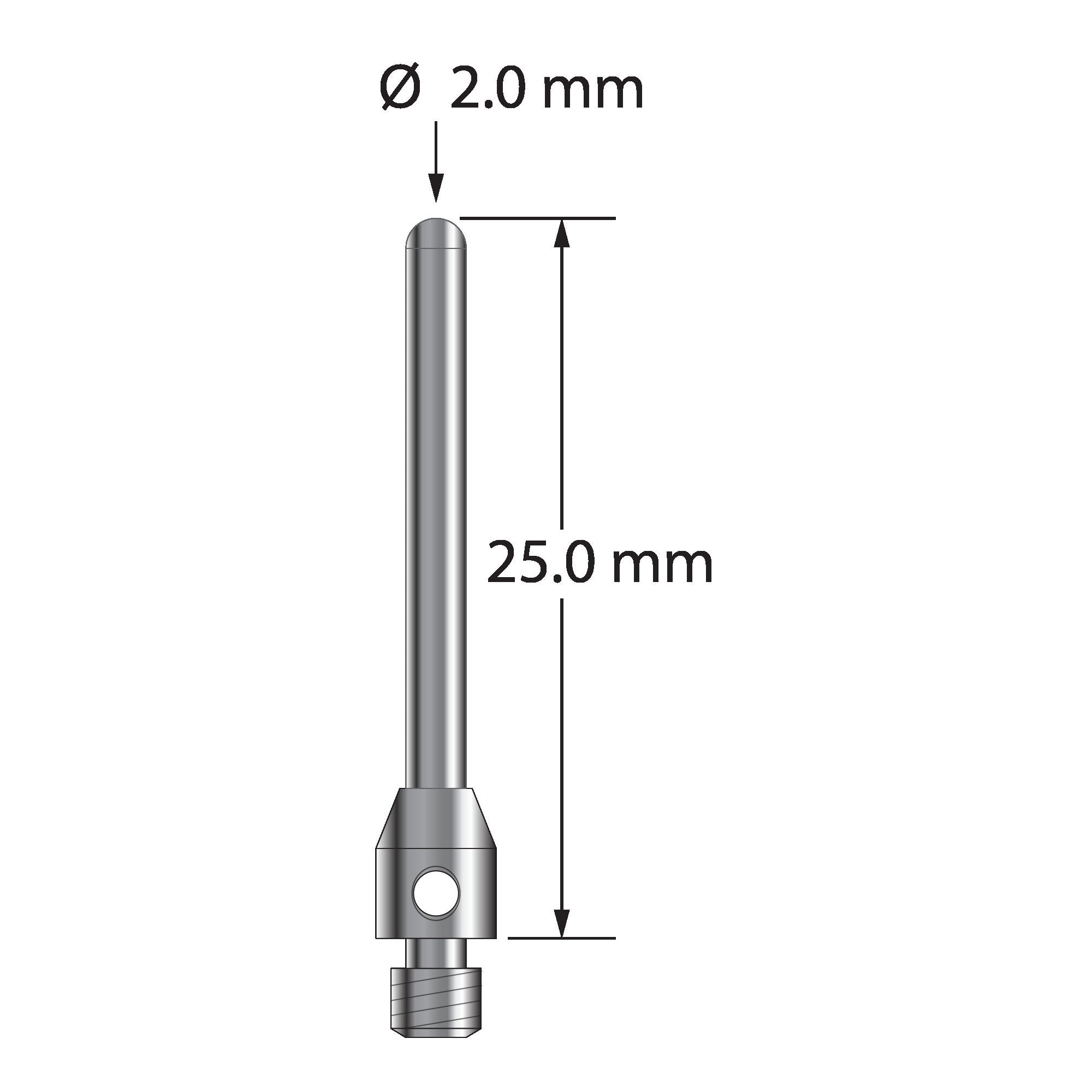 TM3-2025-BC M3 cylinder stylus with 2.0mm carbide cylinder and stainless steel base, 25.0mm long by Q-Mark Manufacturing, Inc.