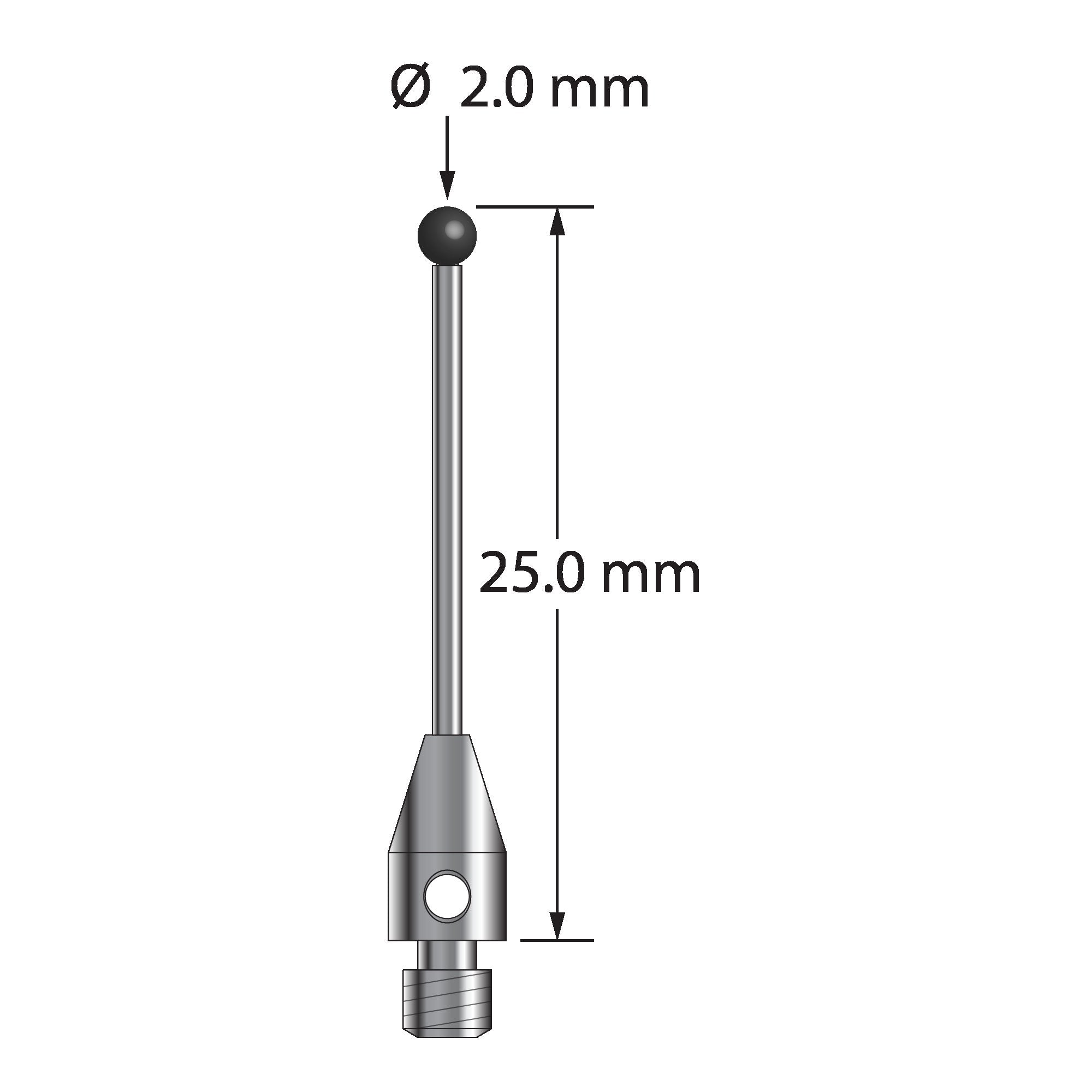 TM3-2025-SN M3 stylus, 2.0mm silicon nitride ball, carbide stem, stainless steel base, 25.0mm long.