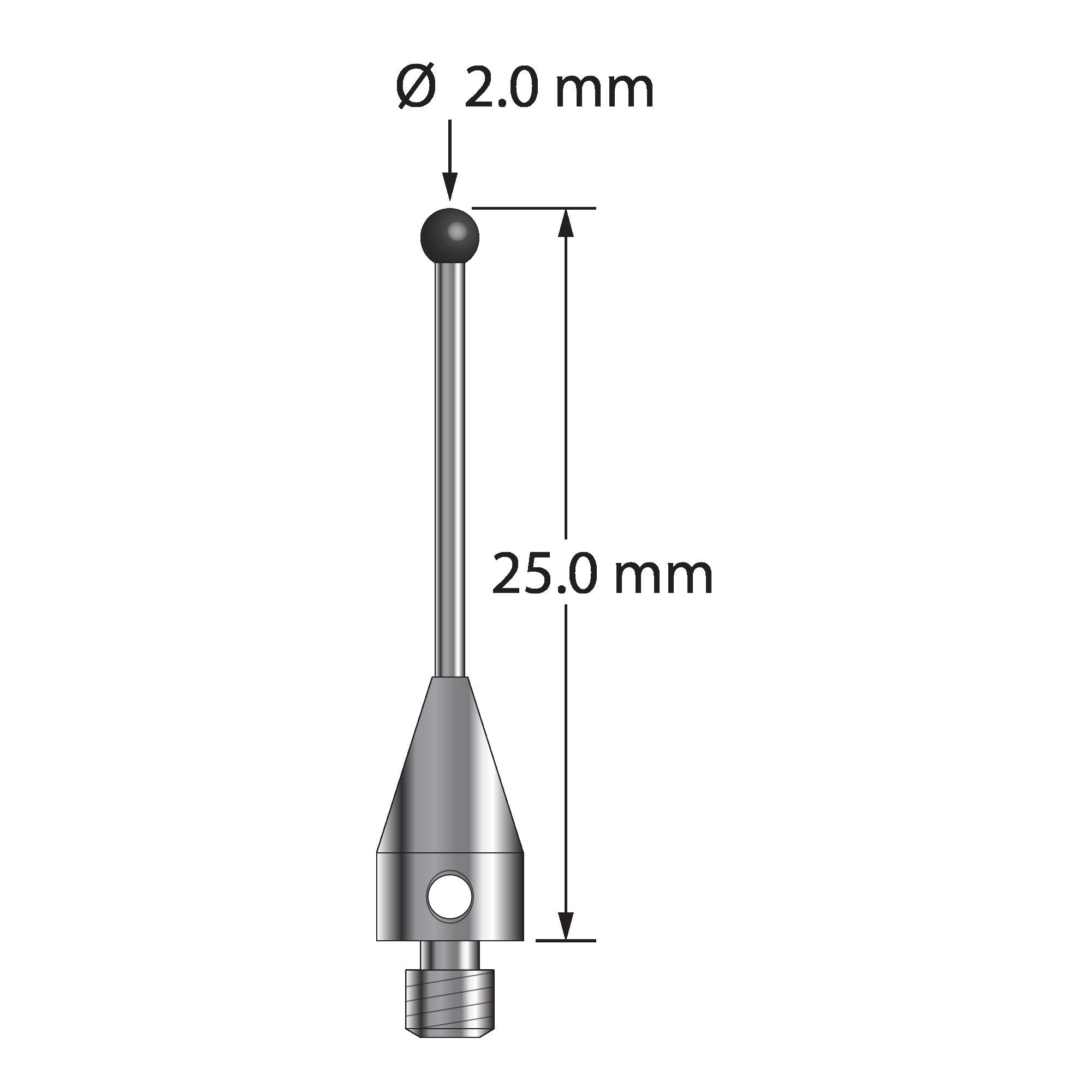 TM3-2025-TX-SN M3 stylus with 2.0mm silicon nitride ball, carbide stem, titanium base.