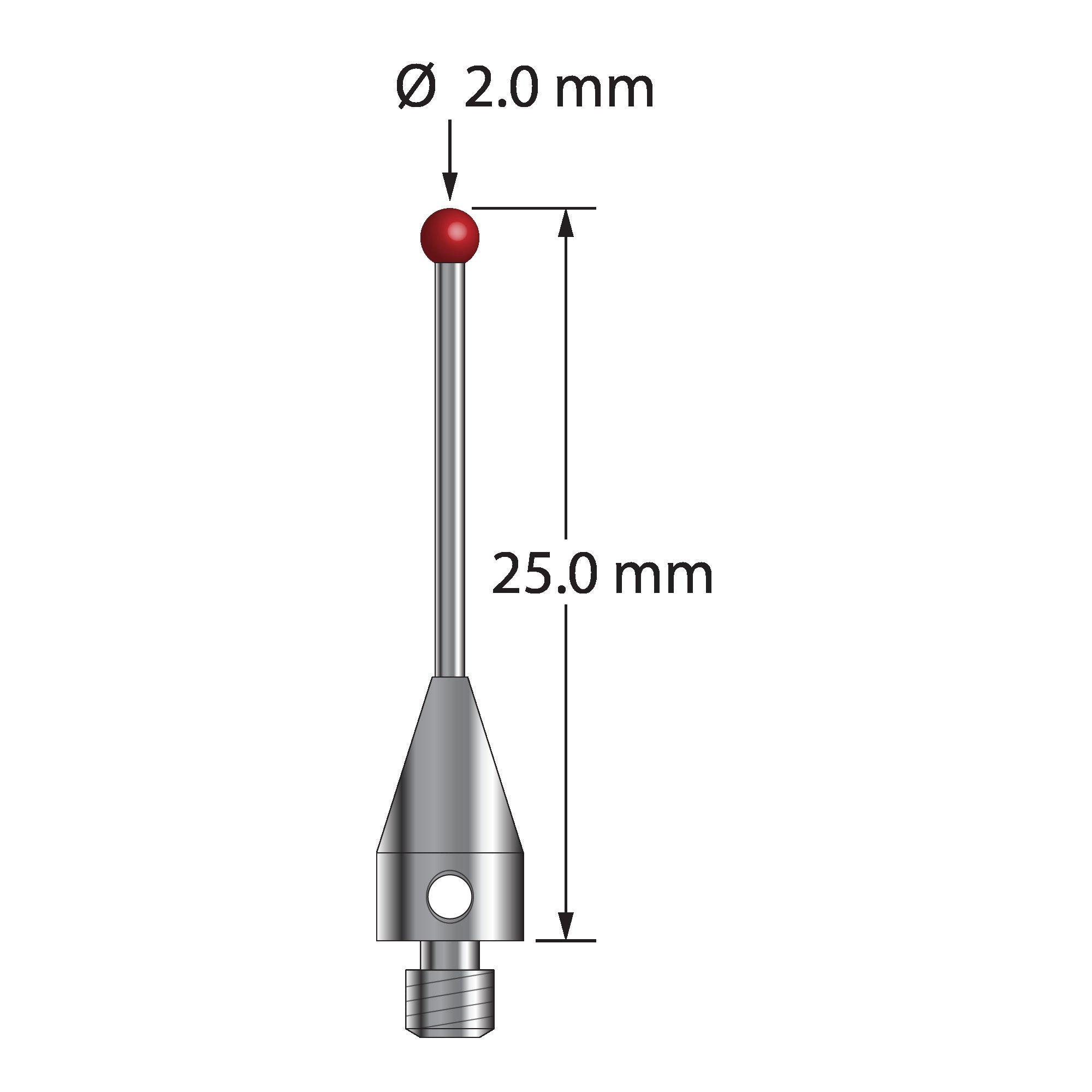 TM3-2025-TX M3 2.0mm ruby ball stylus with carbide stem and titanium base, 25mm long by Q-Mark Manufacturing, Inc.