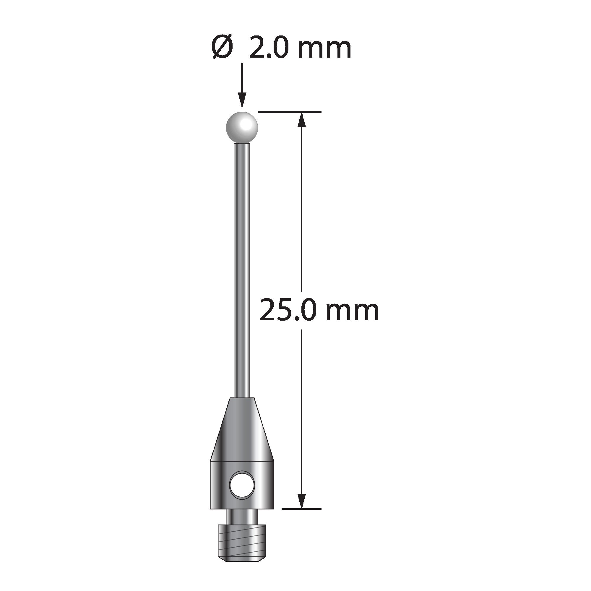 TM3-2025-Z M3 stylus with 2.0mm zirconia ball, carbide stem, and stainless steel base, 25.0mm long by Q-Mark Manufacturing, Inc.