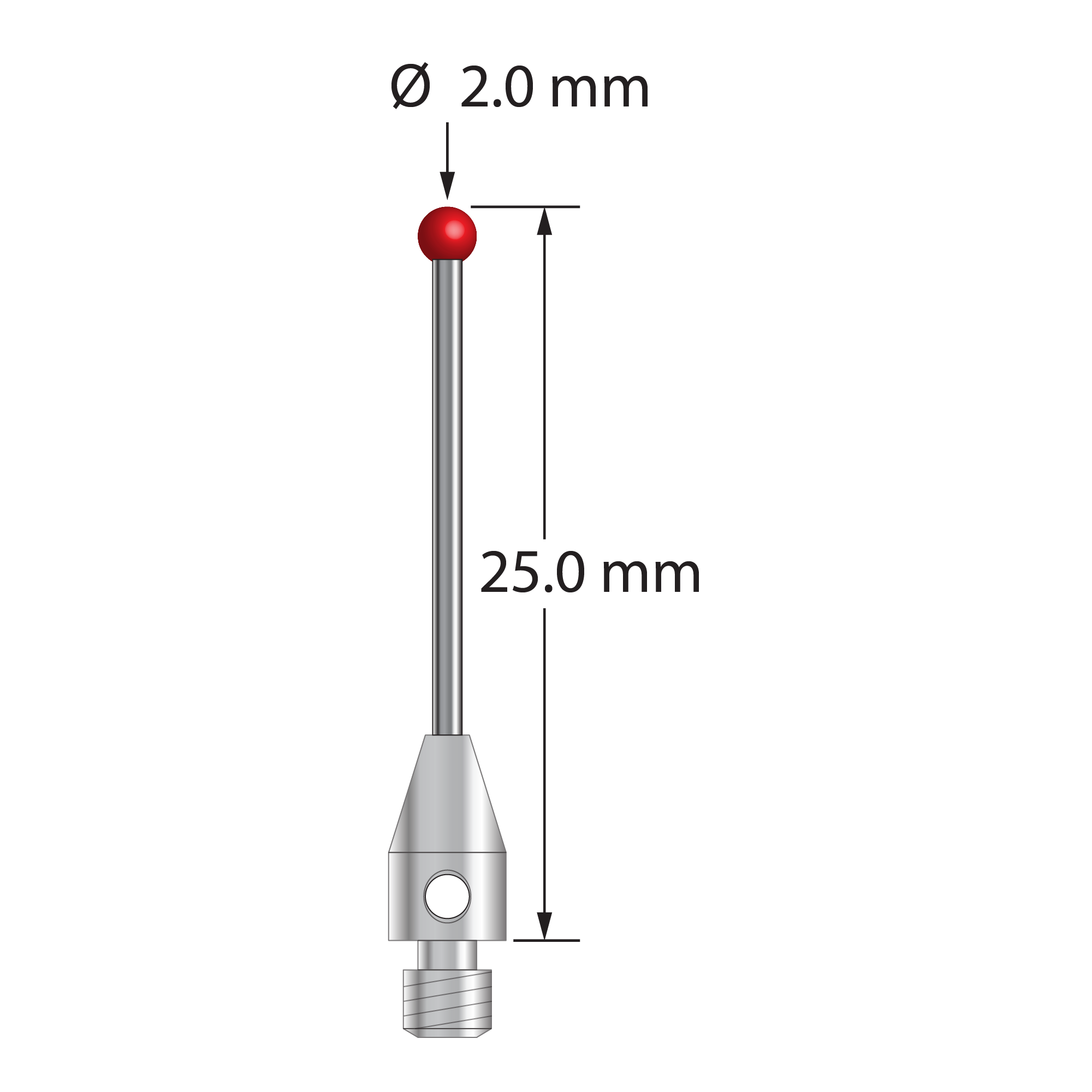 TM3-2025 M3 stylus with 2.0mm ruby ball, carbide stem, and stainless steel base, 25mm long by Q-Mark Manufacturing, Inc.