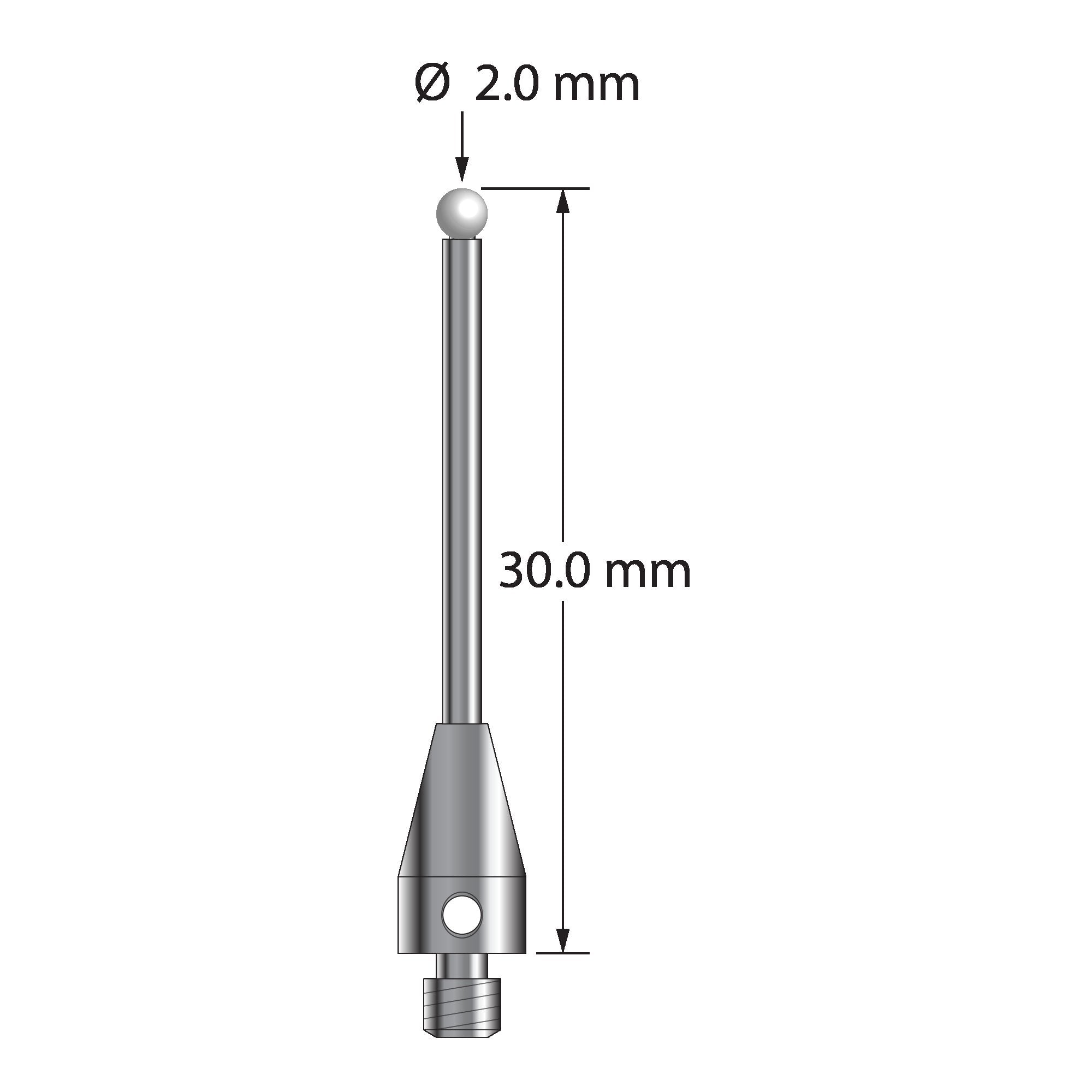 TM3-2030-TX-Z M3 stylus with 2.0mm zirconia ball, carbide stem, and titanium base, 30.0mm long.