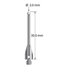 TM3-2030-TX-Z M3 stylus with 2.0mm zirconia ball, carbide stem, and titanium base, 30.0mm long.