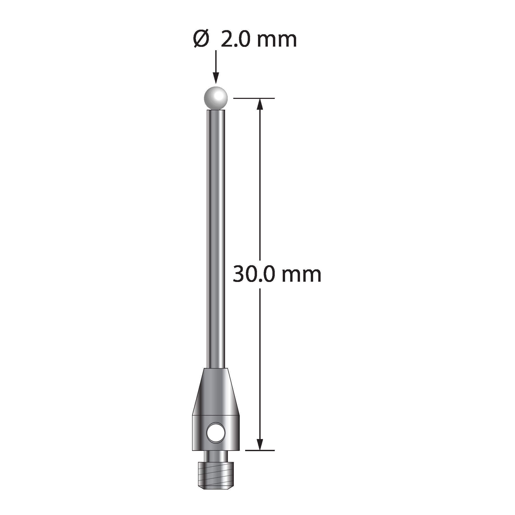 TM3-2031-Z M3 stylus with 2.0mm zirconia ball, carbide stem, and stainless steel base.
