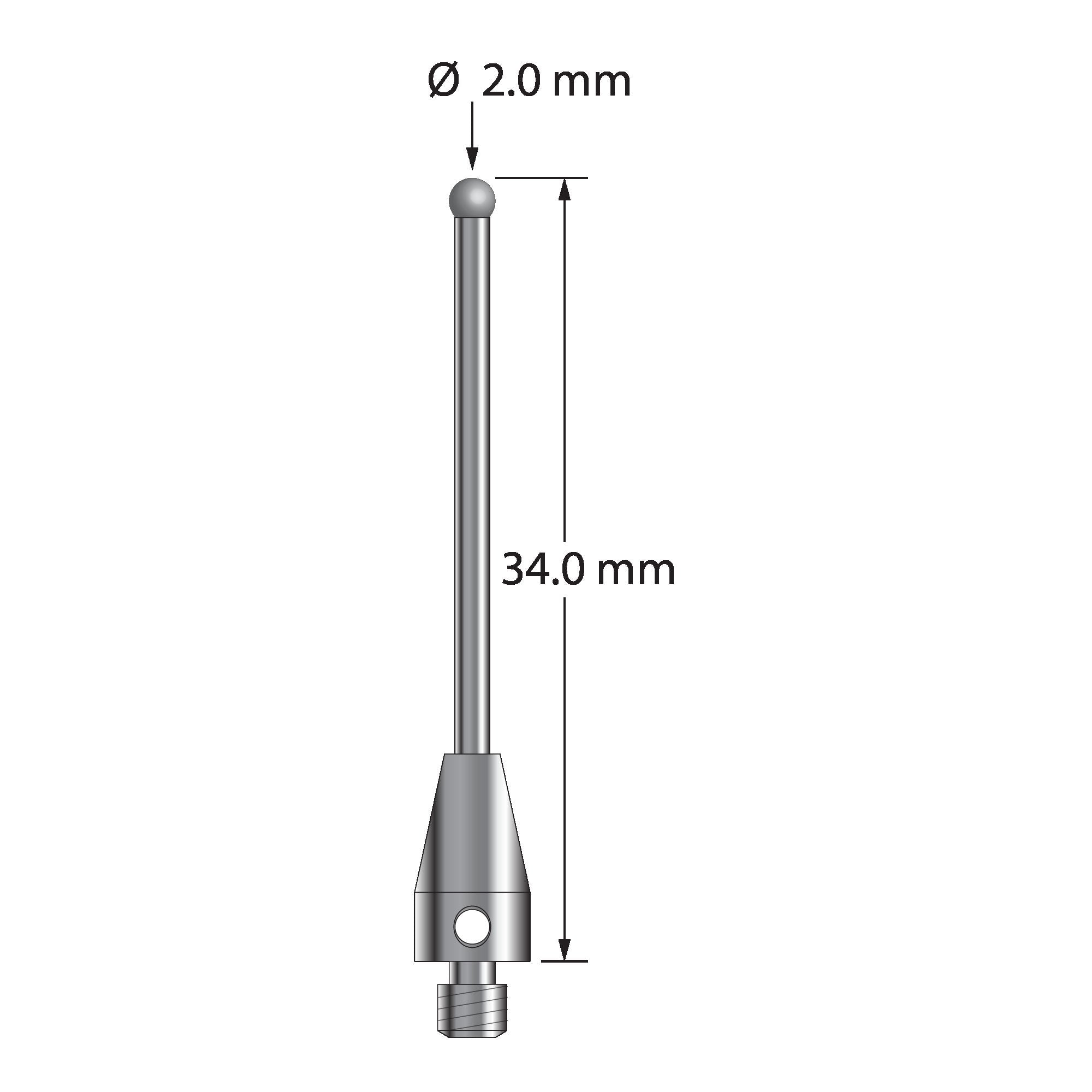 TM3-2034-TX-D M3 stylus with 2.0mm solid diamond sphere, carbide stem, titanium base, 34mm long.